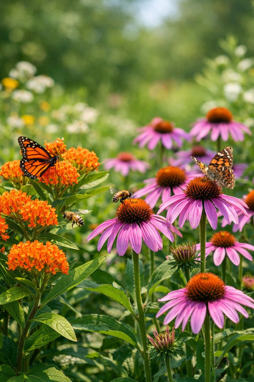 A garden with blooming milkweed and purple coneflowers attracting butterflies and bees.