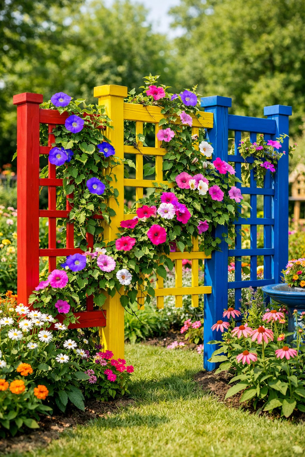 A colorful painted garden trellis with climbing plants and flowers in a bright, lush garden setting.