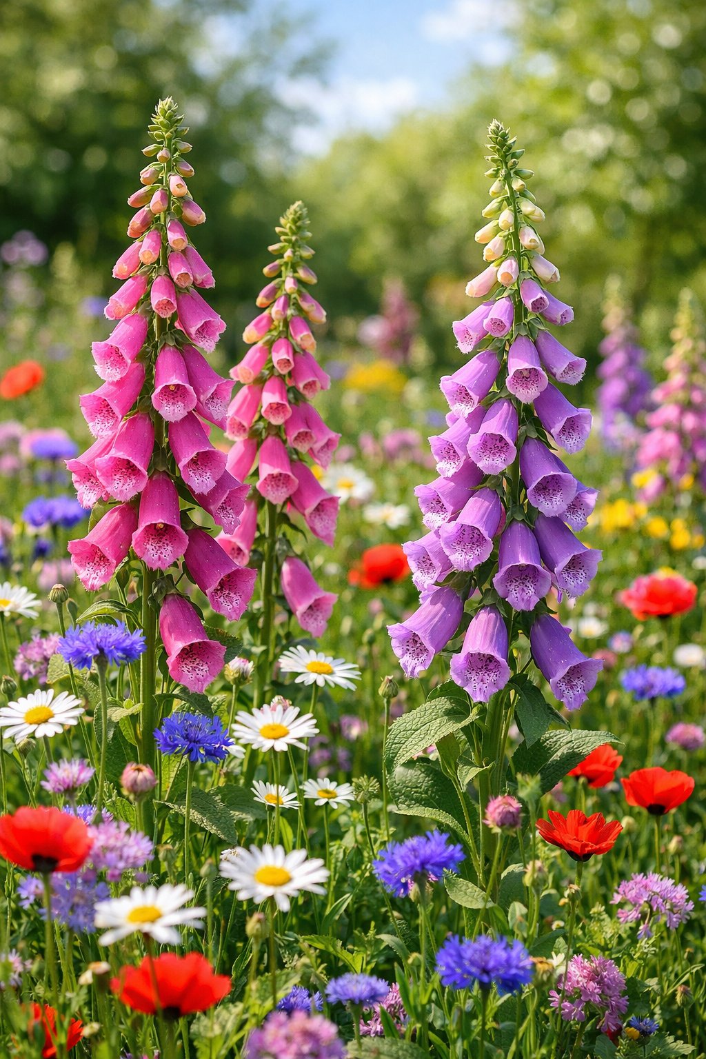 A wildflower garden with tall pink and purple foxgloves surrounded by various colorful flowers and green foliage.