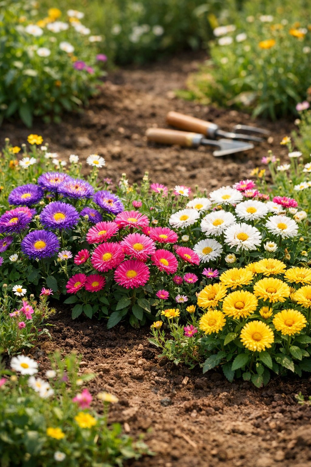 A garden bed filled with colorful asters blooming in purple, pink, white, and yellow, surrounded by green plants and patches of soil.
