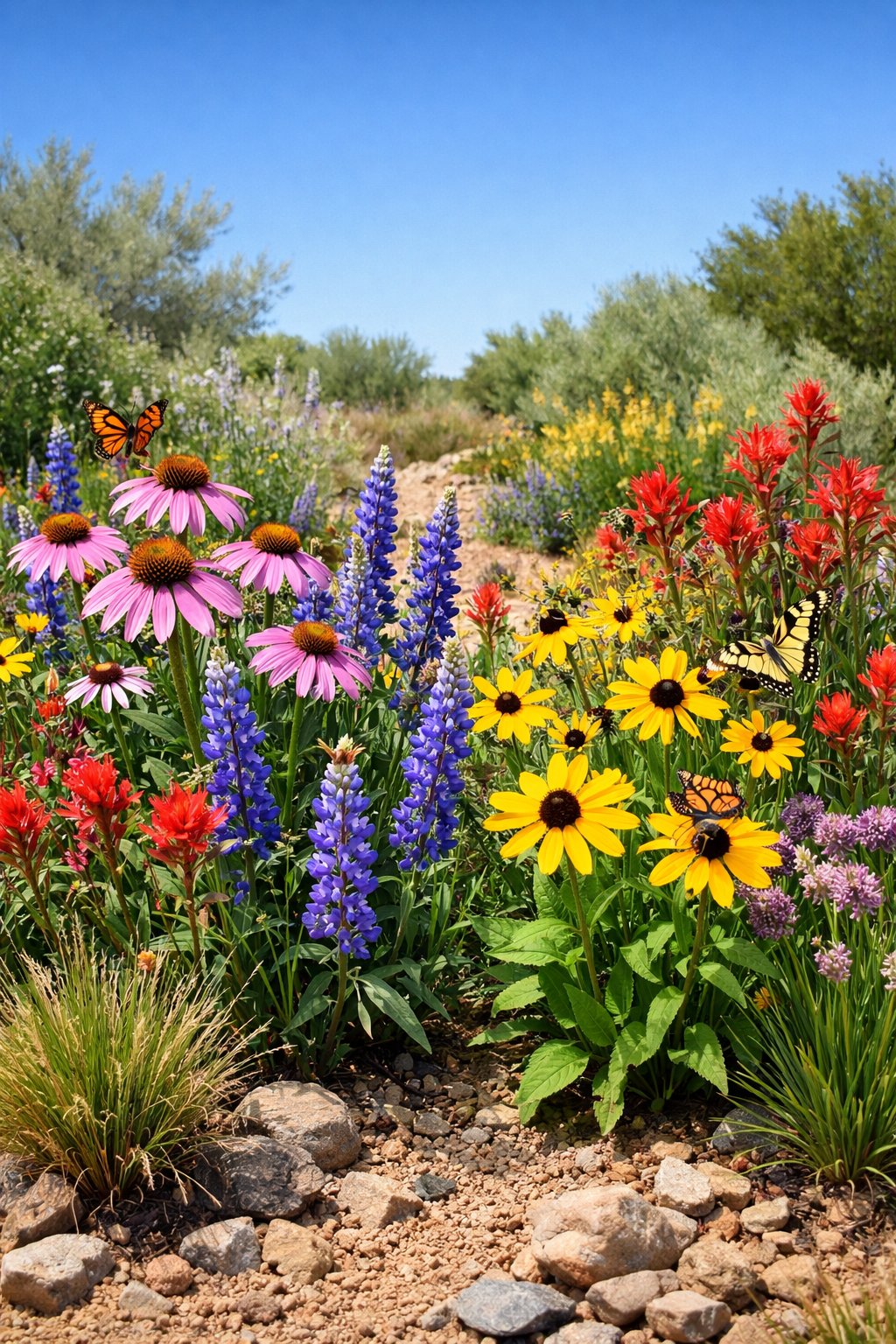A colorful wildflower garden with various blooming flowers and pollinating insects in a dry, sunny setting.