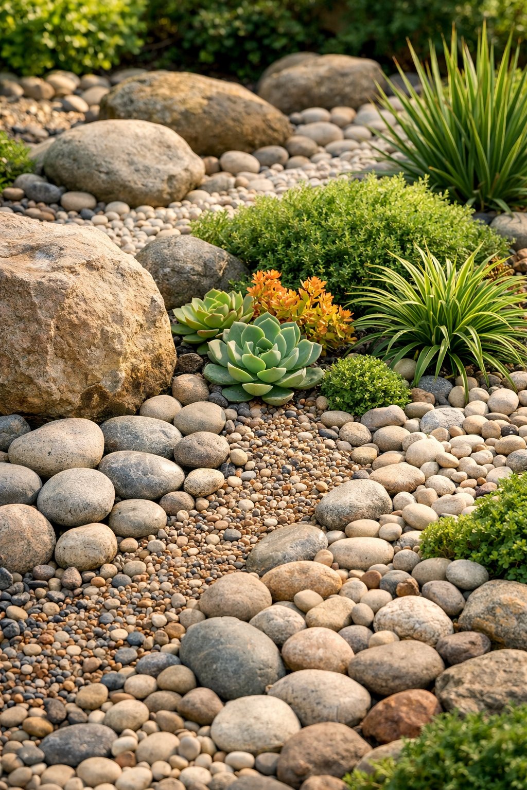 A backyard rock garden with various sizes of pebbles and green plants arranged around larger rocks.