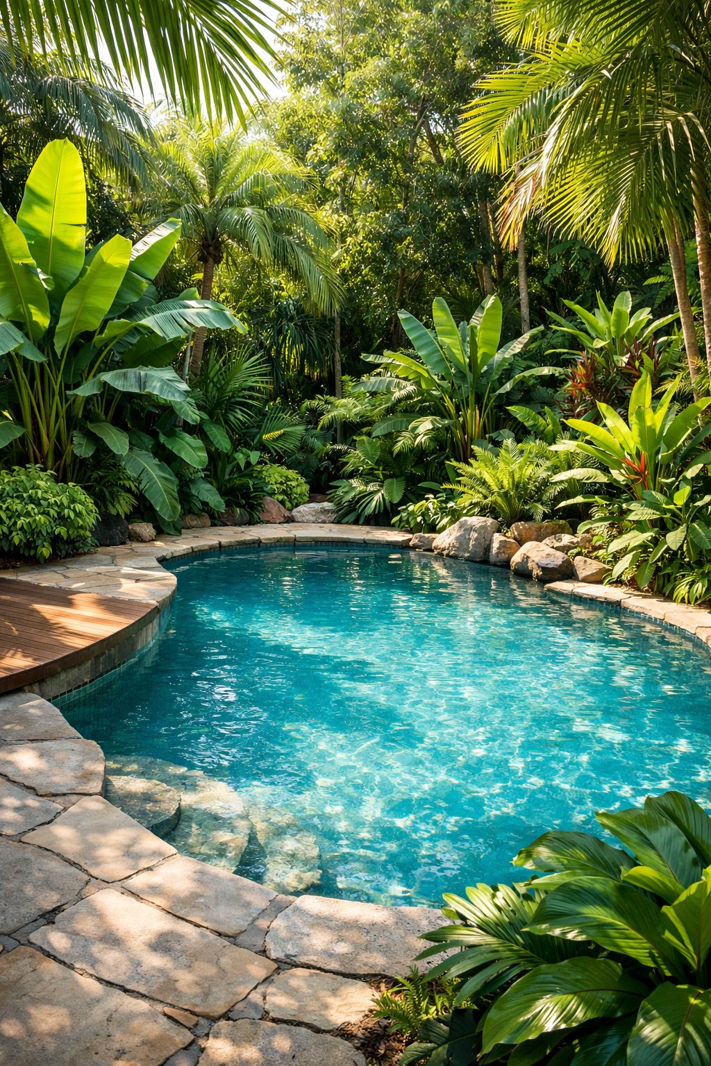 Backyard swimming pool surrounded by dense tropical plants and greenery creating a lush, jungle-like atmosphere.