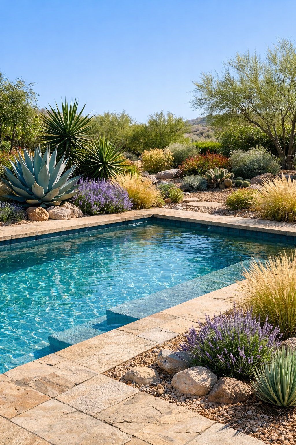 Backyard pool area surrounded by drought-tolerant native plants and natural stone decking under bright sunlight.