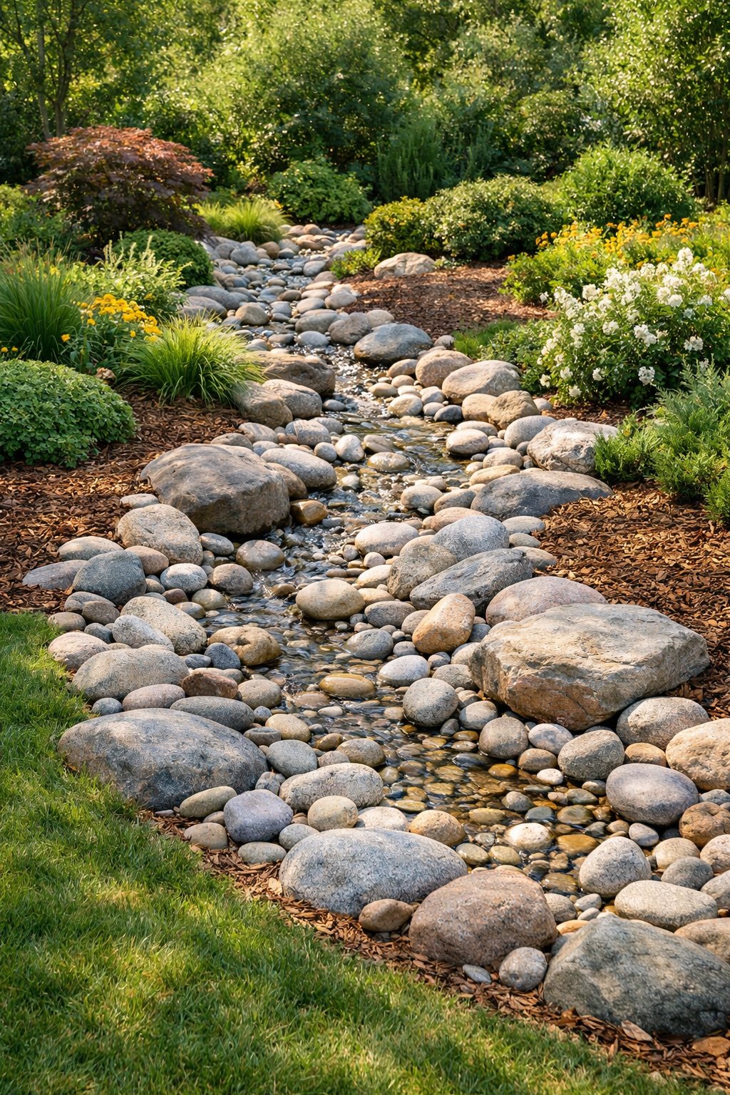 A backyard garden with a dry creek bed made of smooth river rocks surrounded by green plants and grass.