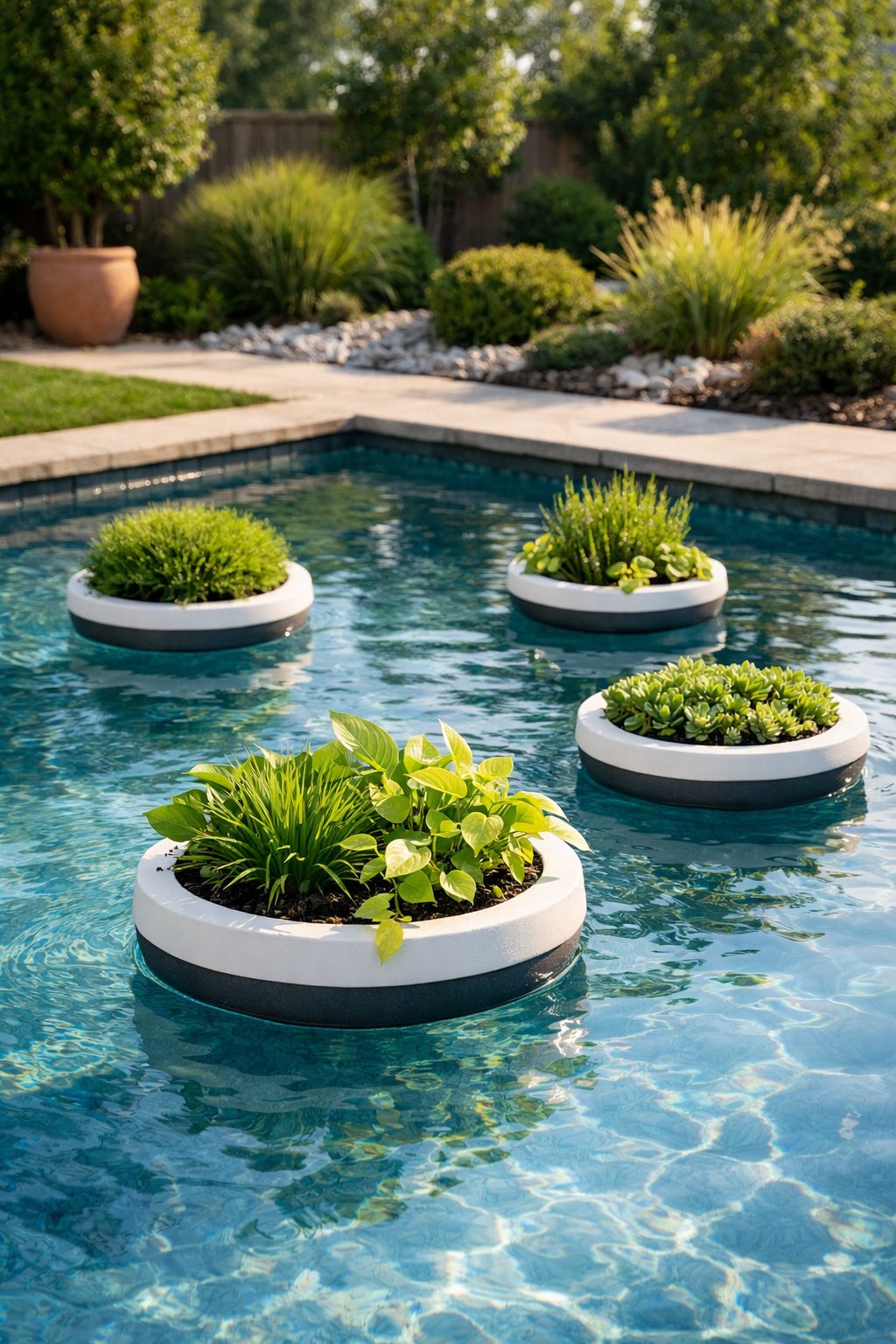 A backyard pool with floating planters filled with green plants gently drifting on the water surrounded by landscaped grass and shrubs.