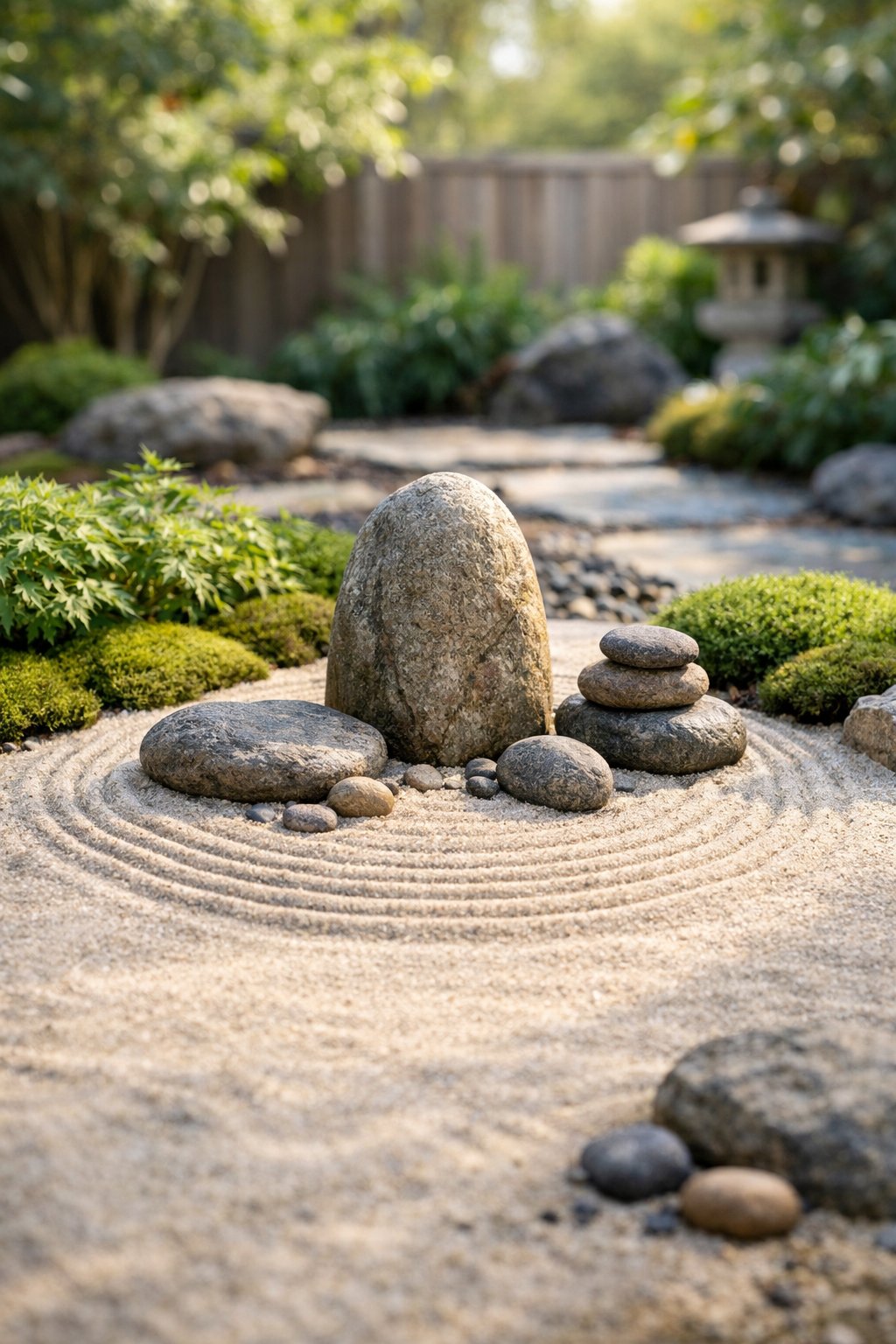 A mini Zen garden corner with raked sand and carefully arranged stones surrounded by greenery in a backyard.