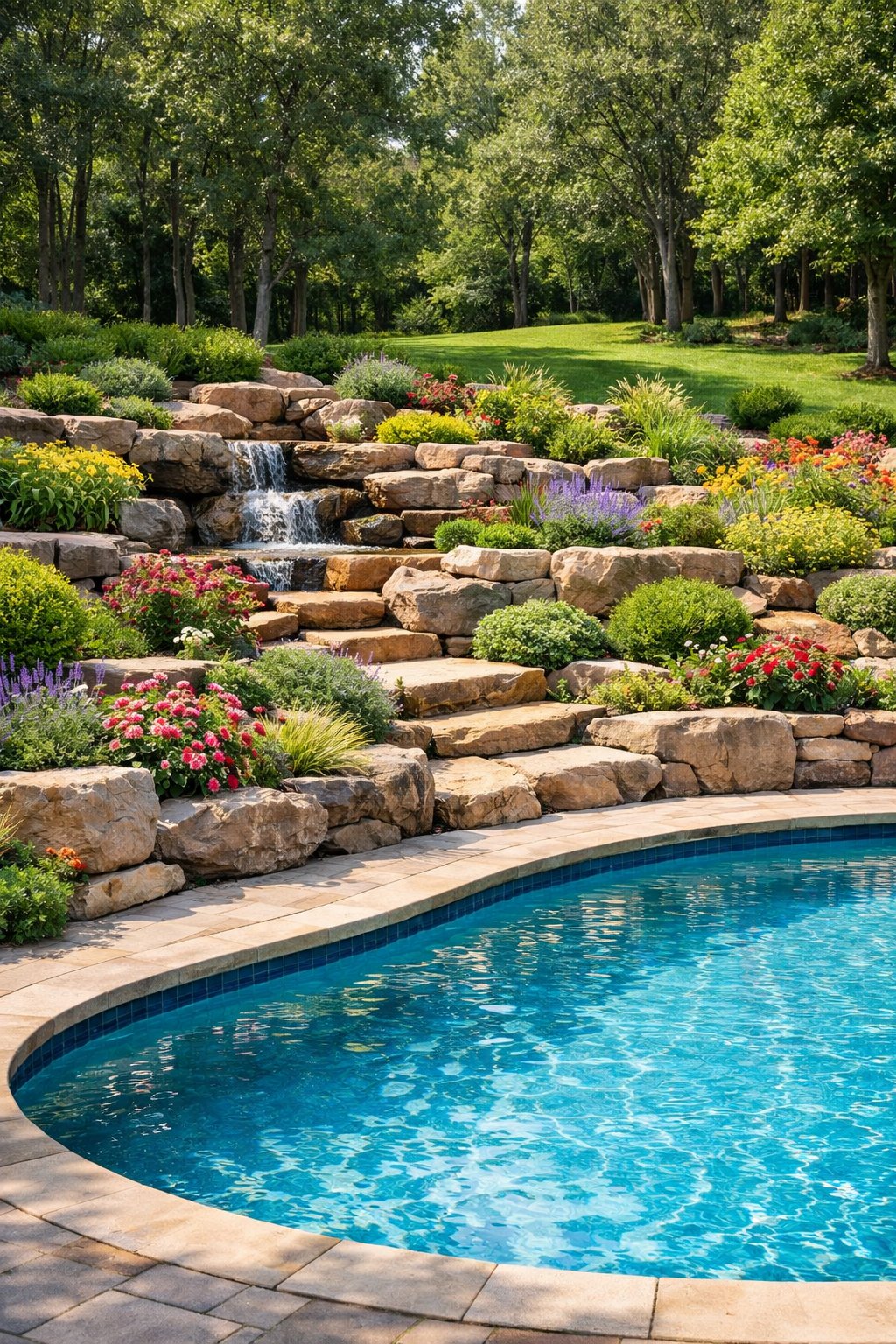 A backyard with a clear swimming pool surrounded by multi-level rock gardens and lush green plants.