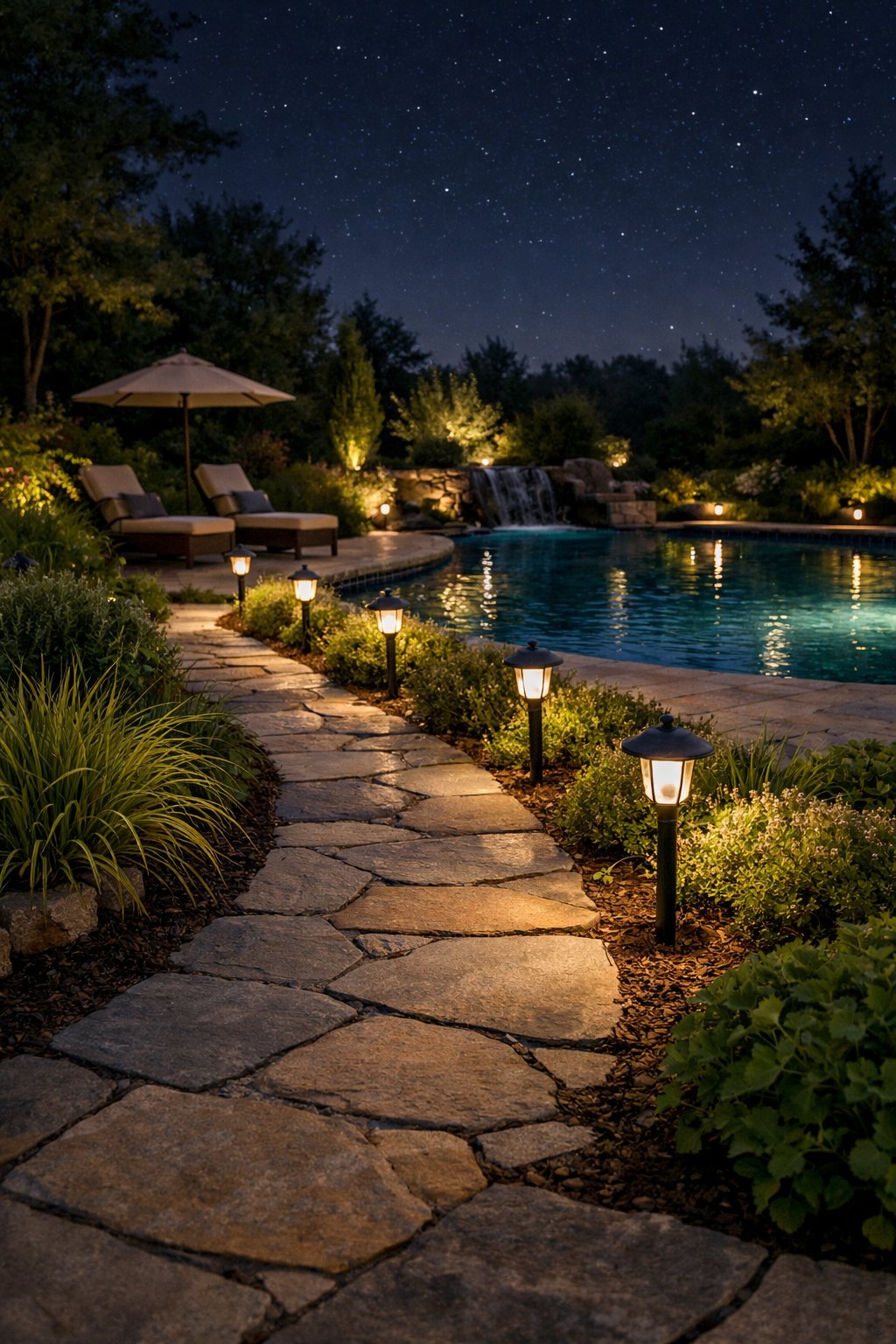 A backyard pool at night with solar-powered path lights illuminating a stone walkway surrounded by plants.