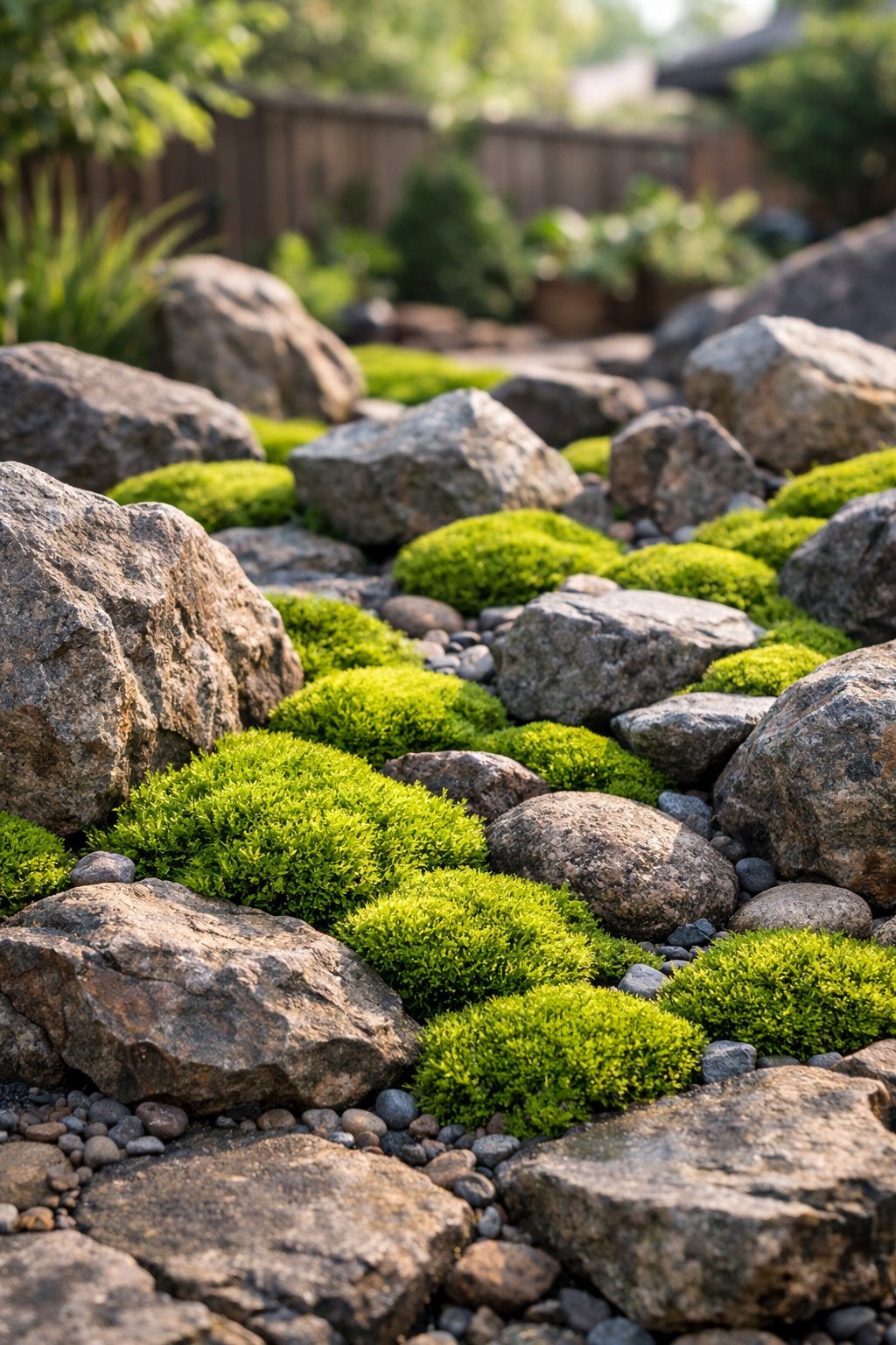 A backyard rock garden with natural stones and bright green moss growing between them.