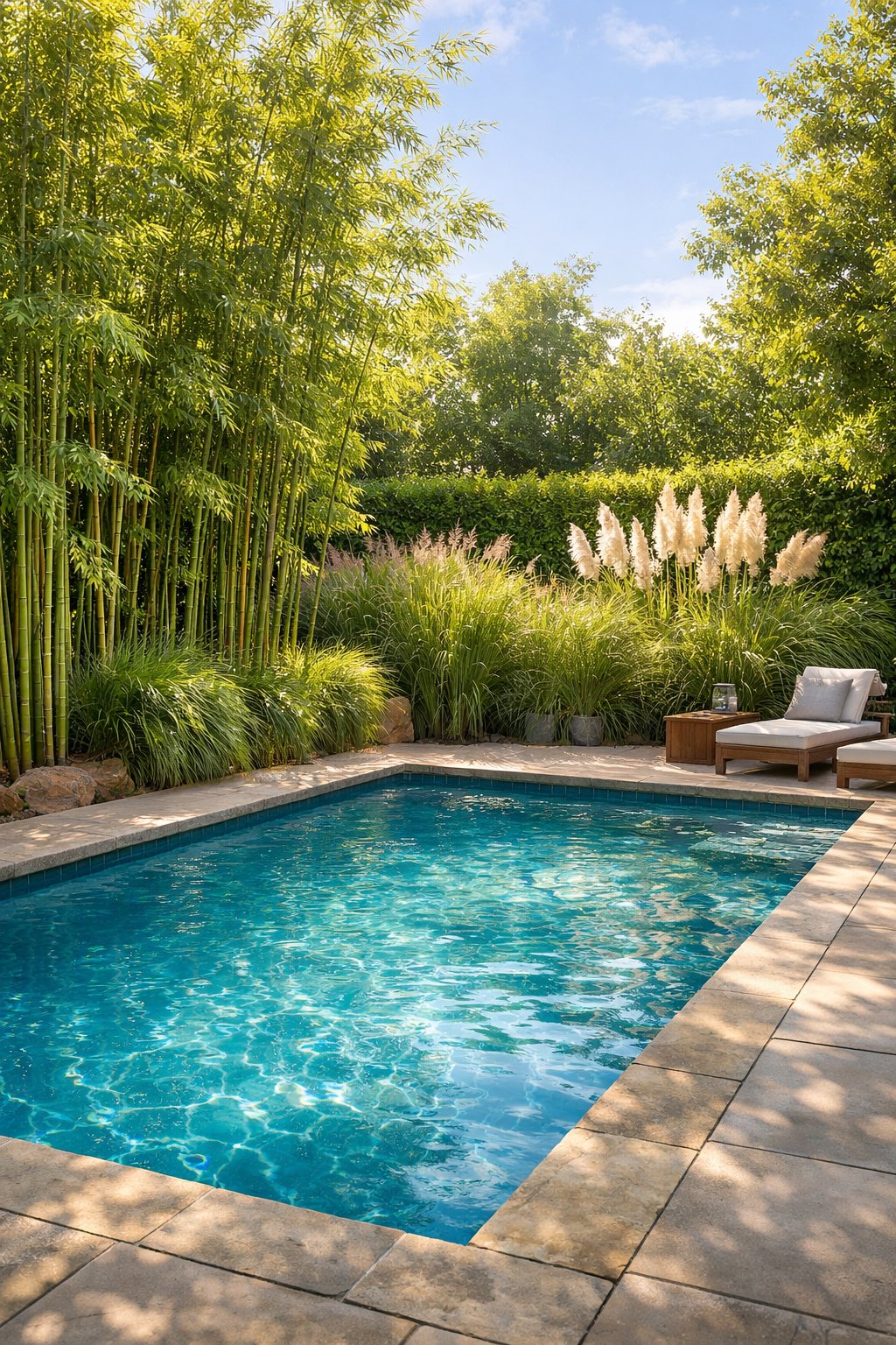 Backyard swimming pool surrounded by tall bamboo and dense grasses providing privacy from neighboring houses.