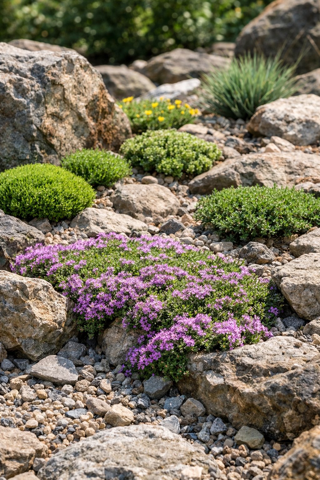 A backyard rock garden with alpine plants like creeping thyme growing among rocks and gravel.