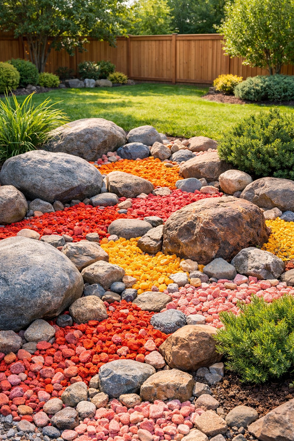 Backyard rock garden with colorful crushed granite mixed with larger rocks and green plants.