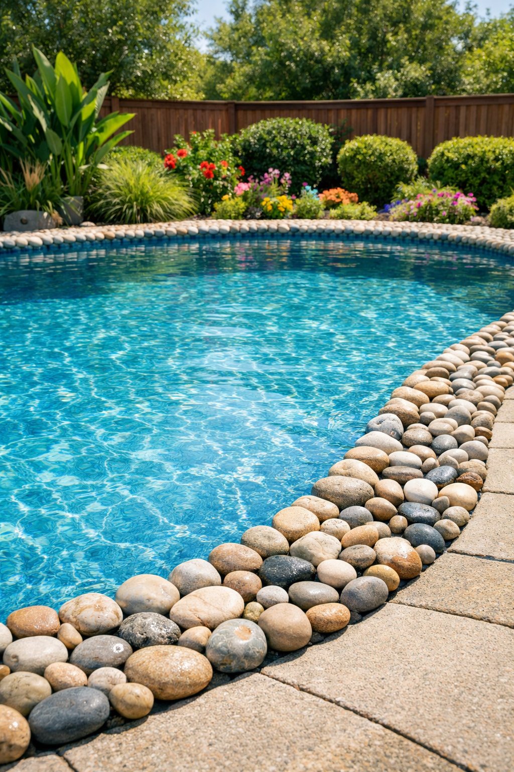 Backyard swimming pool with smooth pebbles lining the edge, surrounded by green plants and flowers.