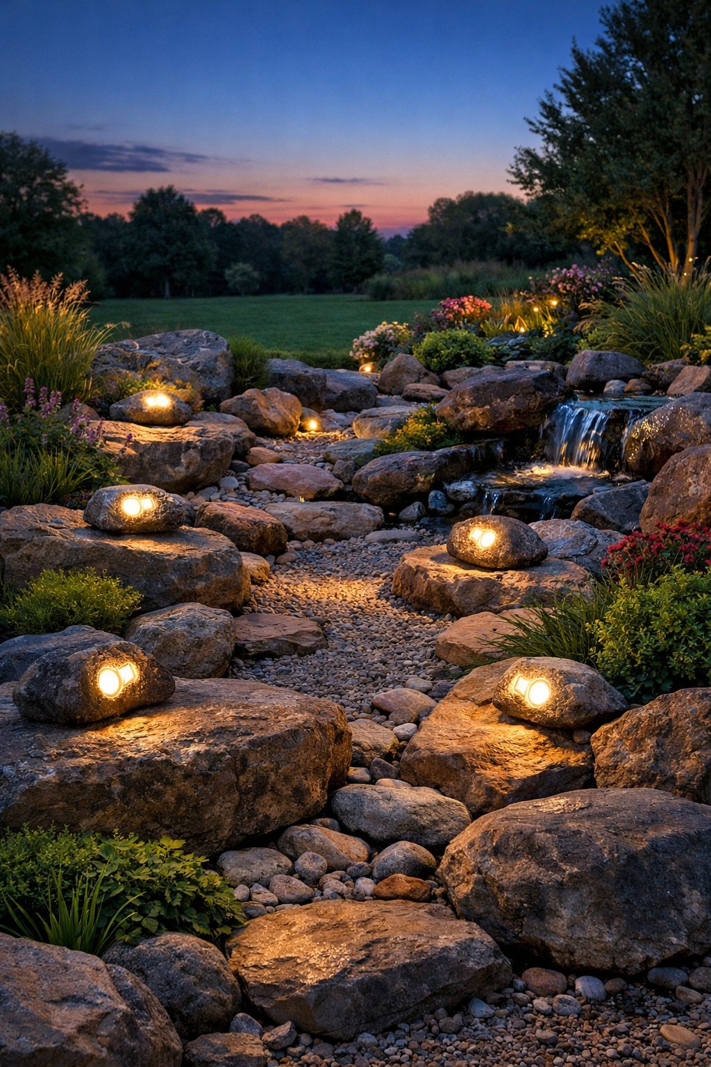 Backyard rock garden at dusk with solar-powered rock lights glowing softly among stones and plants.