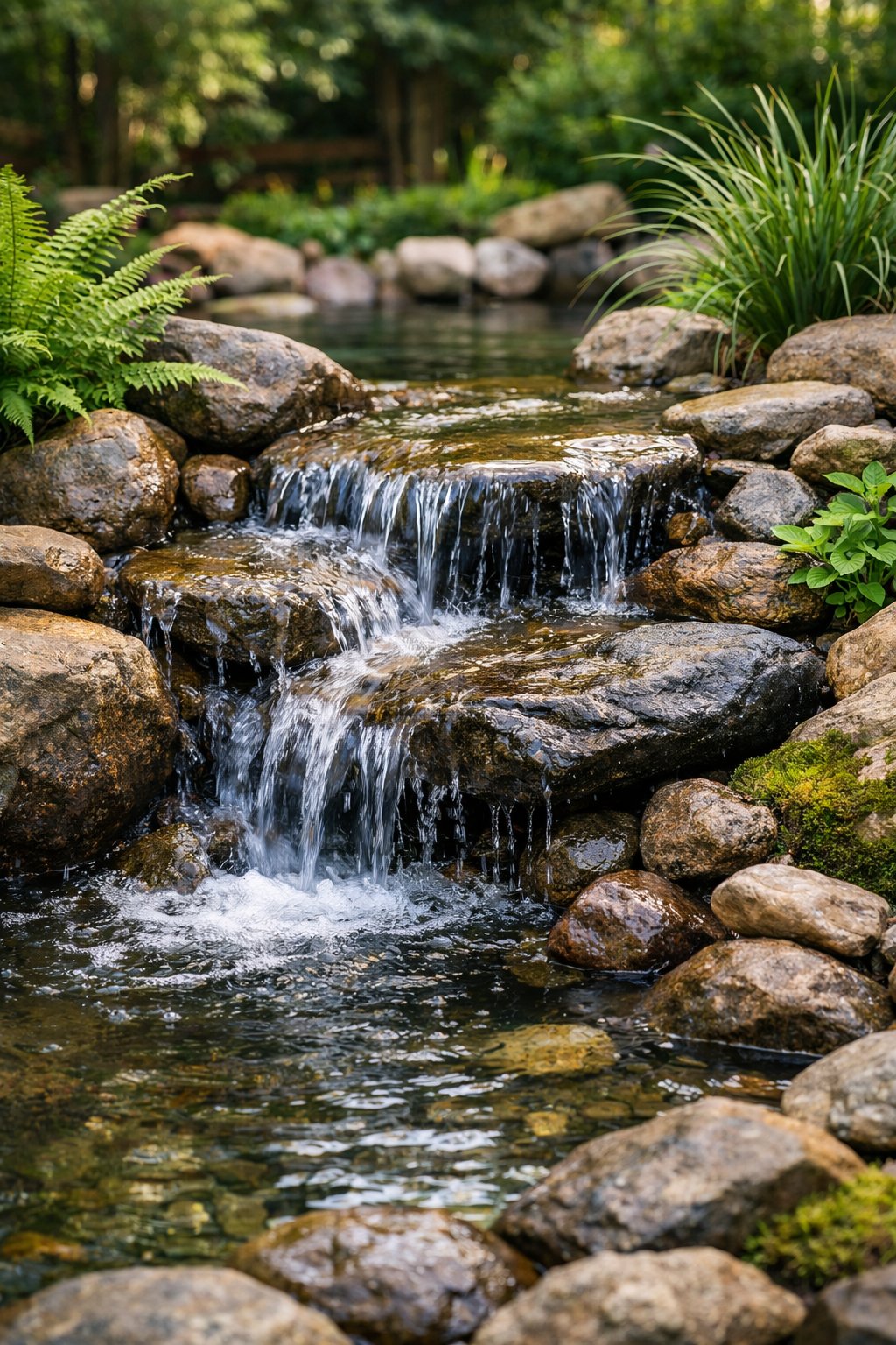 A small rock waterfall with water flowing over smooth rocks surrounded by green plants in a backyard garden.