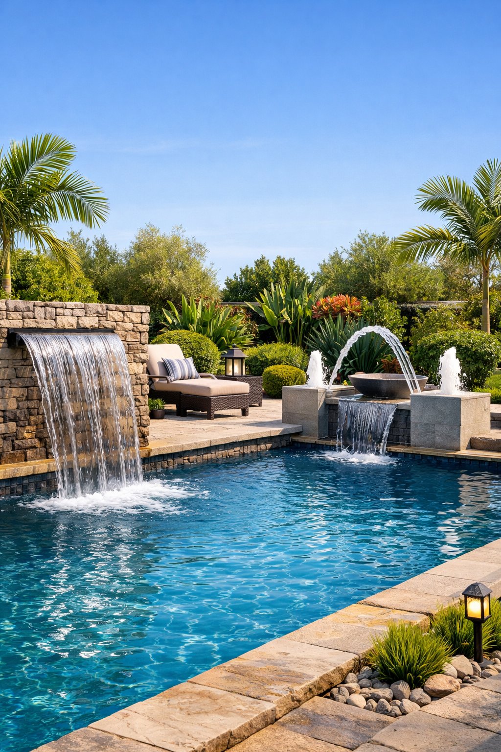 Backyard pool with a waterfall and fountain surrounded by green plants and lounge chairs.