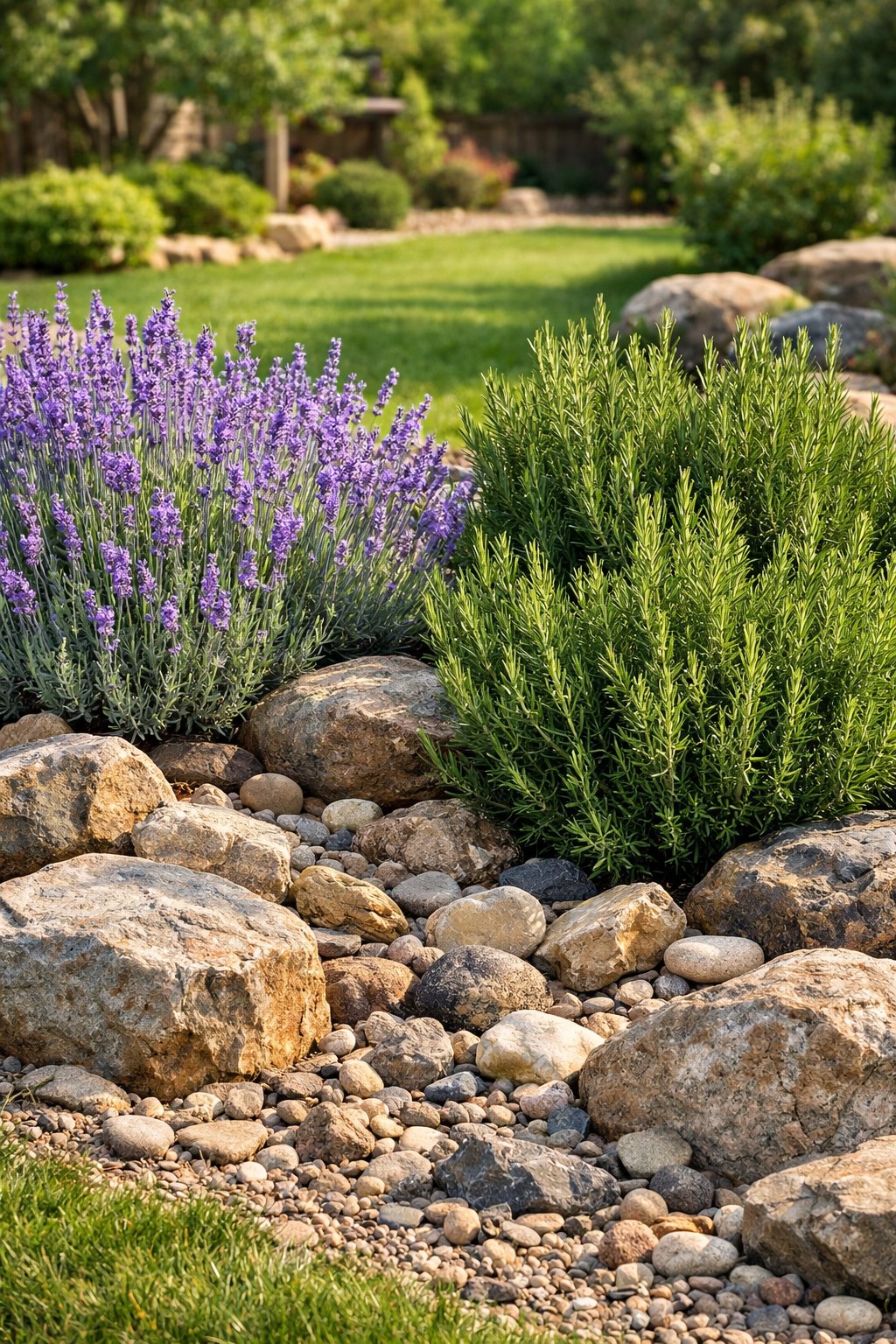A backyard rock garden with blooming lavender and green rosemary plants growing among natural stones.