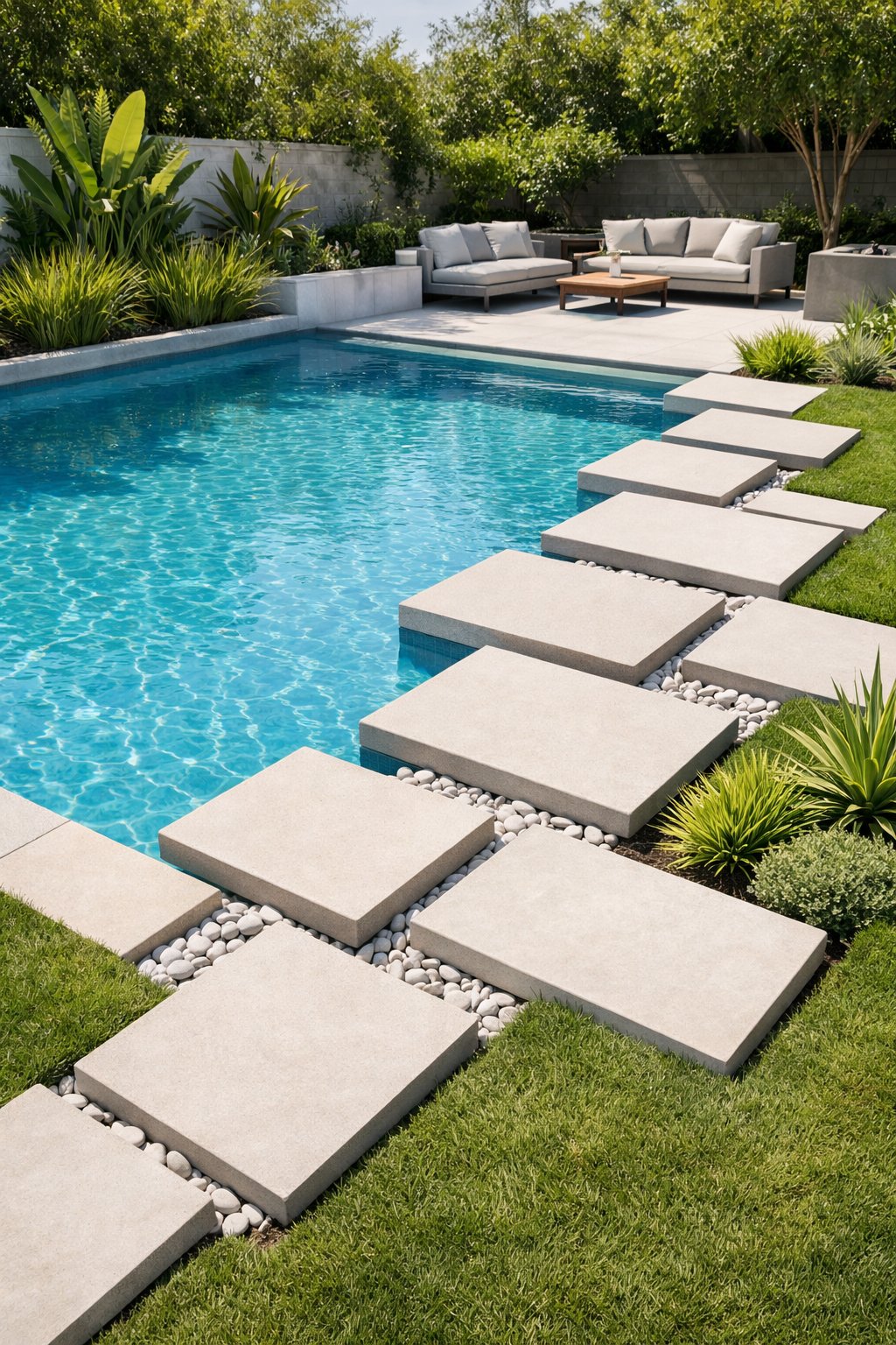Backyard swimming pool with geometric stepping stones surrounded by green plants and outdoor furniture.