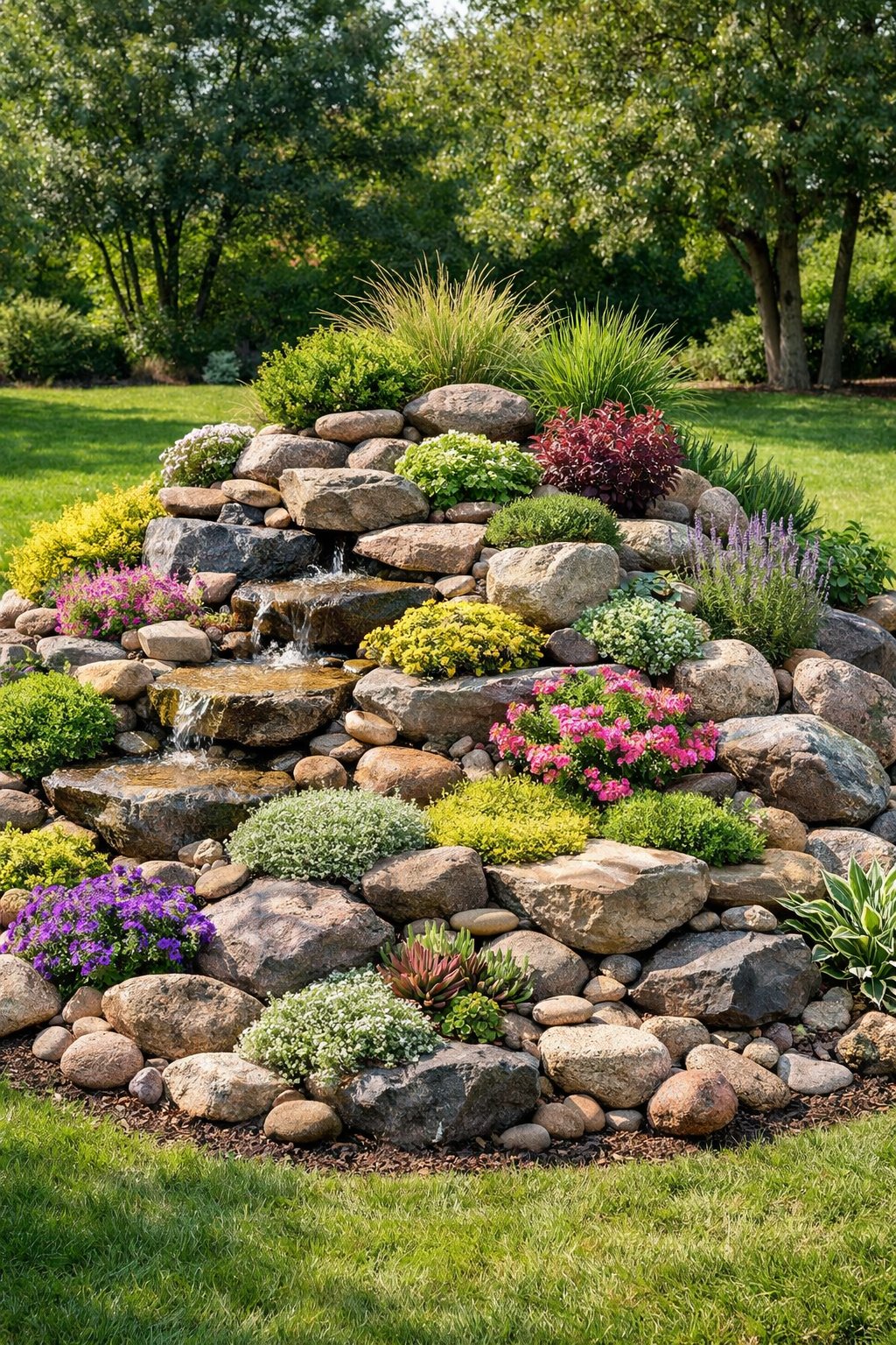 A backyard rock garden with a multi-layered rock mound surrounded by various plants of different heights and textures.