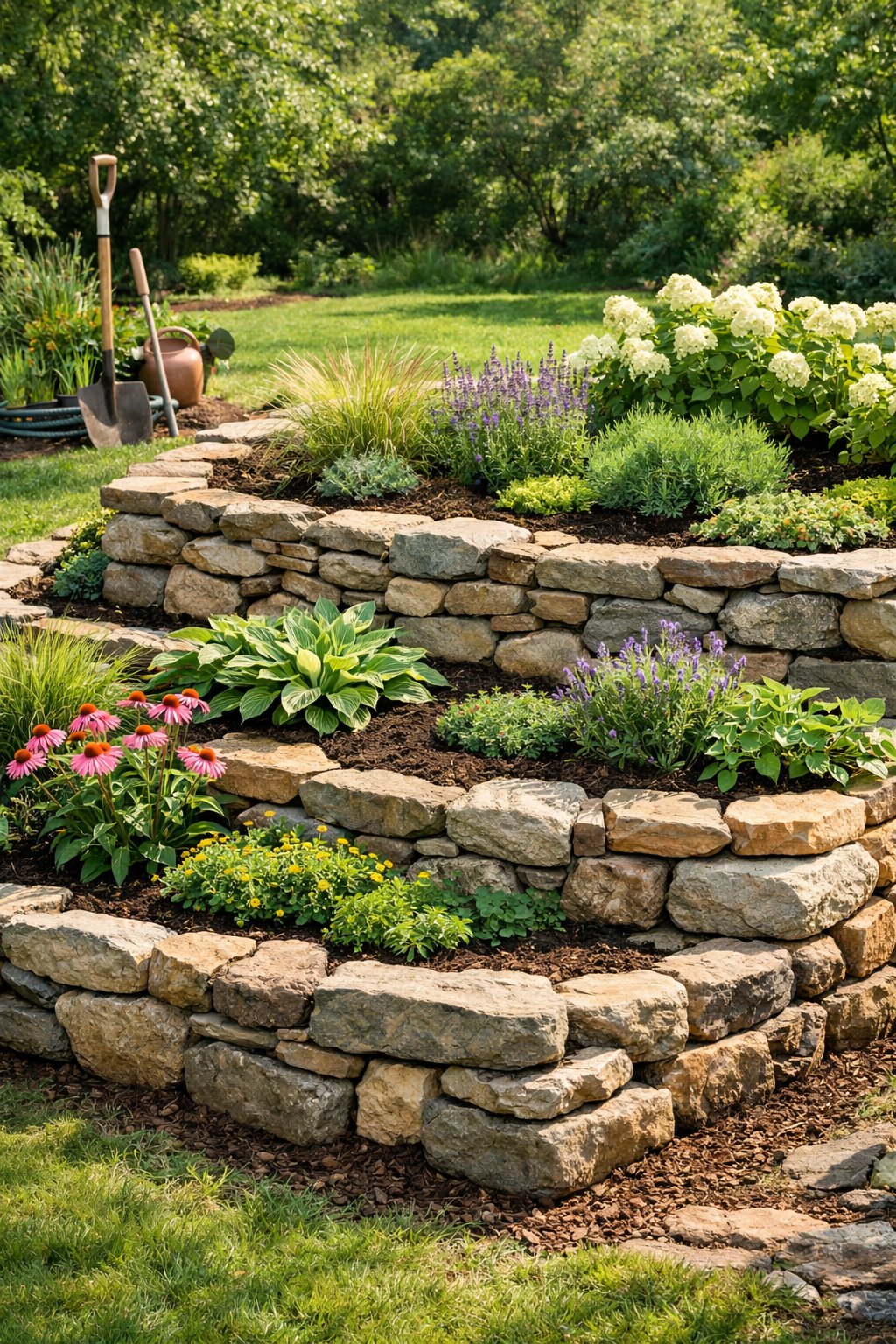 Backyard with raised rock beds filled with plants and flowers, surrounded by green grass and garden tools.