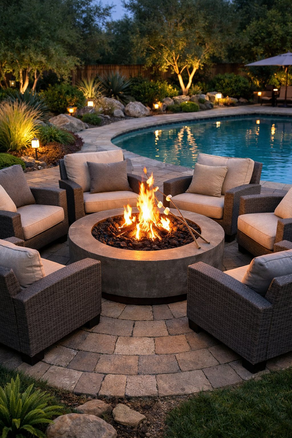 Backyard poolside fire pit surrounded by cushioned chairs with a pool and plants nearby.