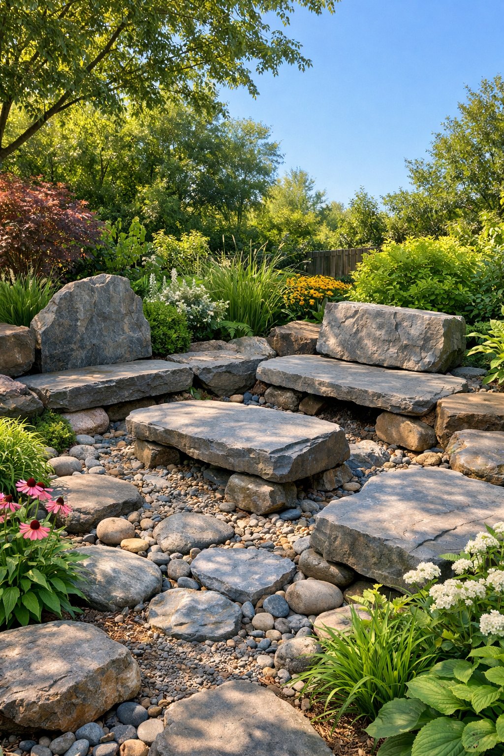 A backyard rock garden with natural stone slabs arranged as seating surrounded by plants and flowers.