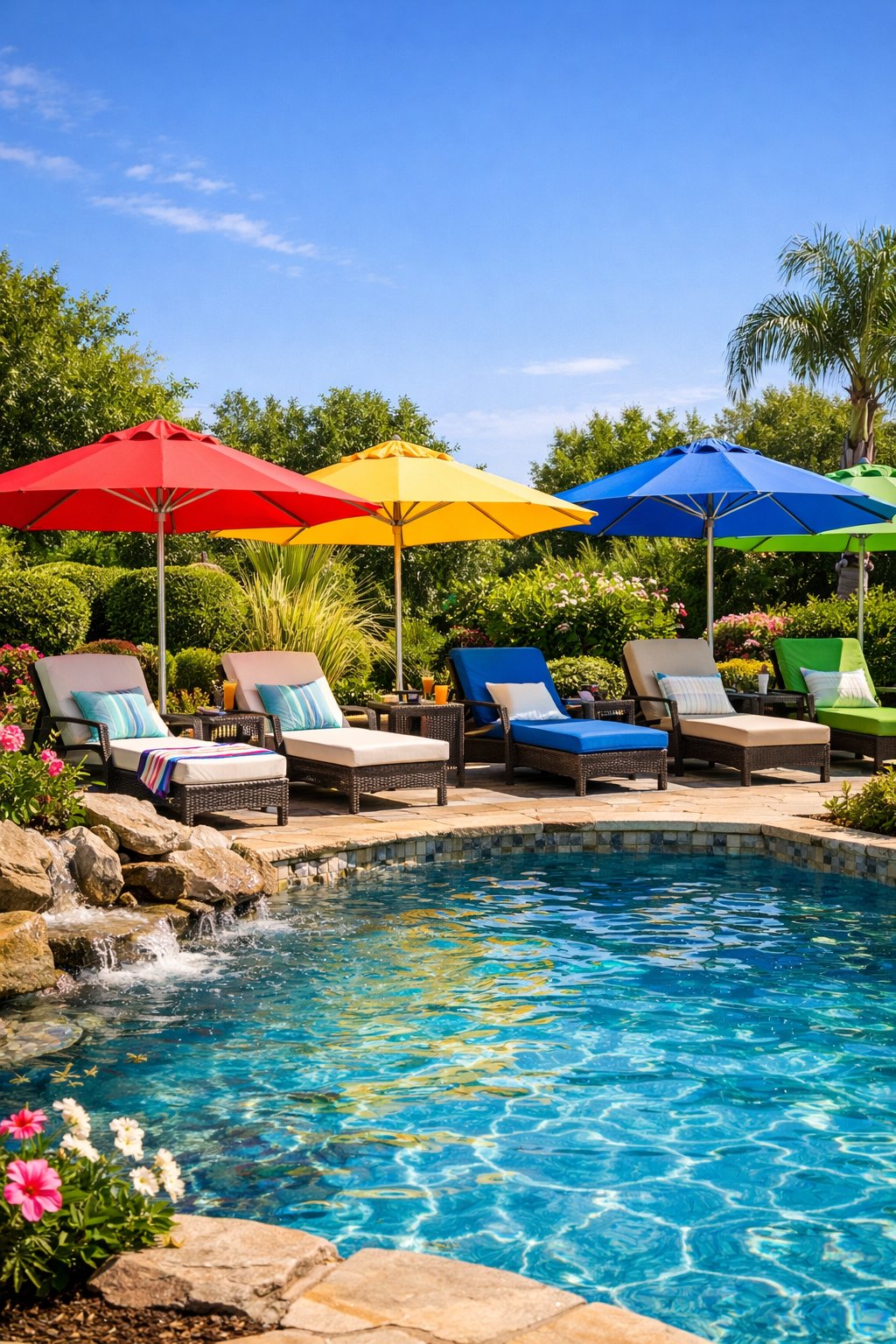 Backyard swimming pool with colorful beach umbrellas, lounge chairs, and lush green landscaping under a sunny sky.