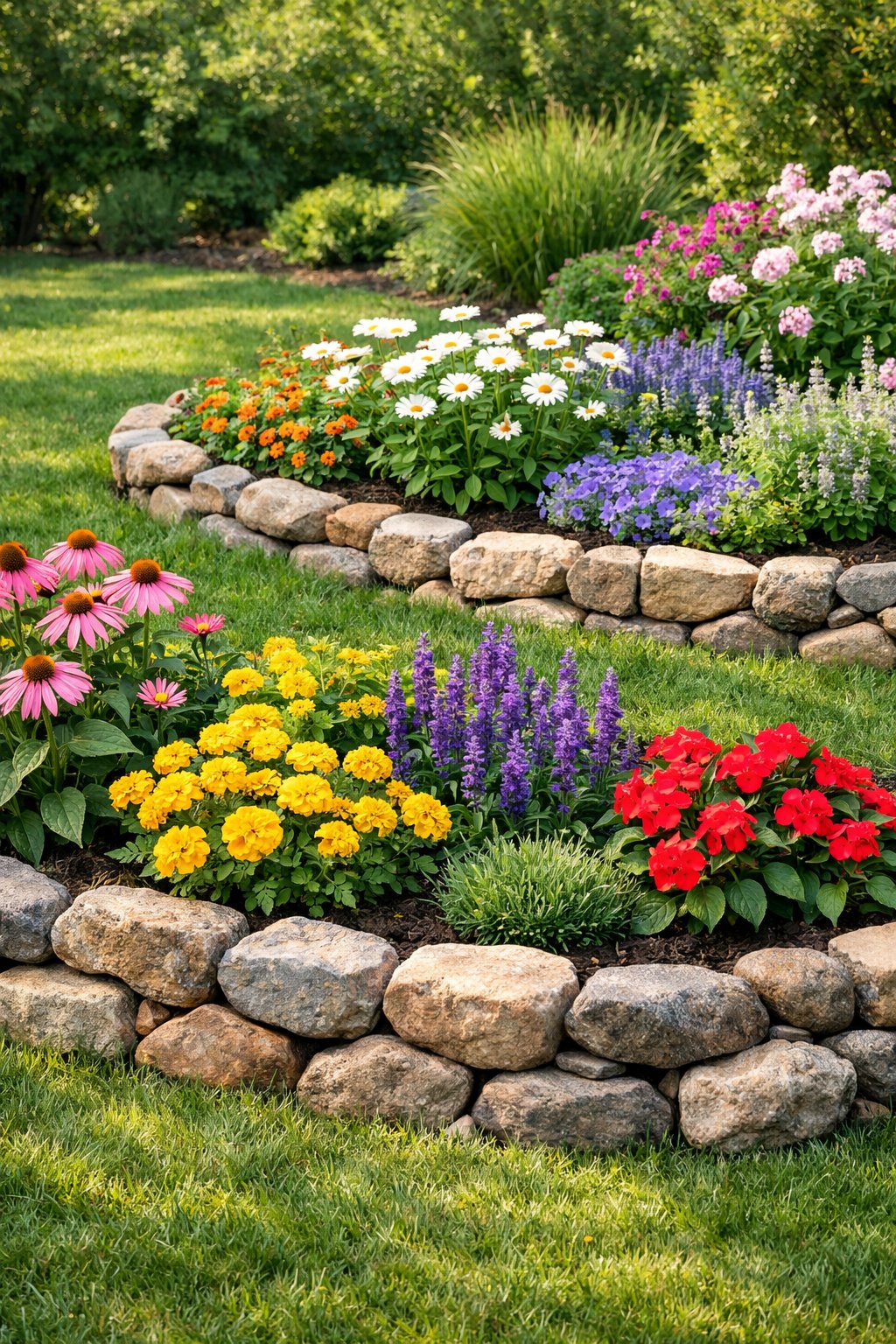 A backyard garden with flower beds bordered by natural rocks and colorful blooming flowers.