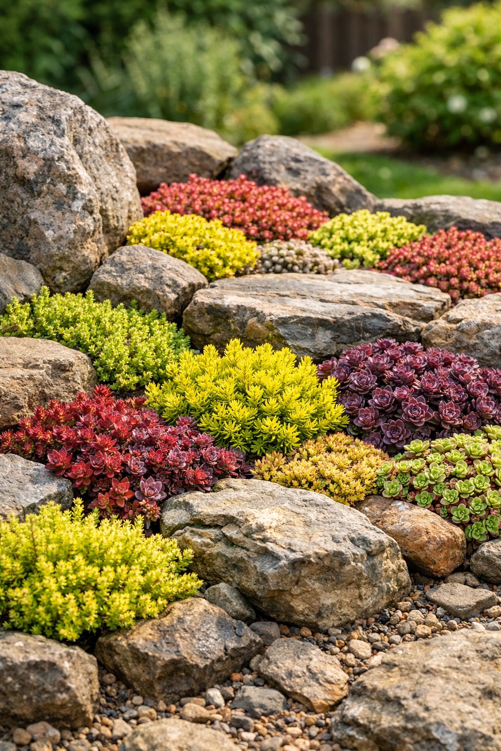 A close-up of colorful sedum plants growing densely among rocks in a backyard garden.