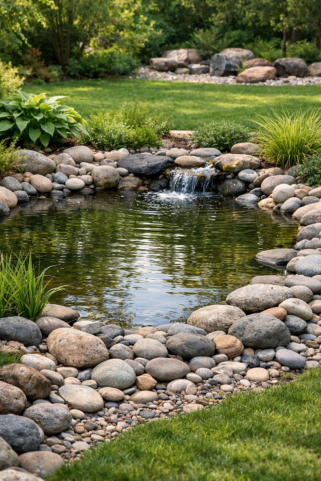 A small pond surrounded by river stones in a backyard garden with green plants and shrubs.