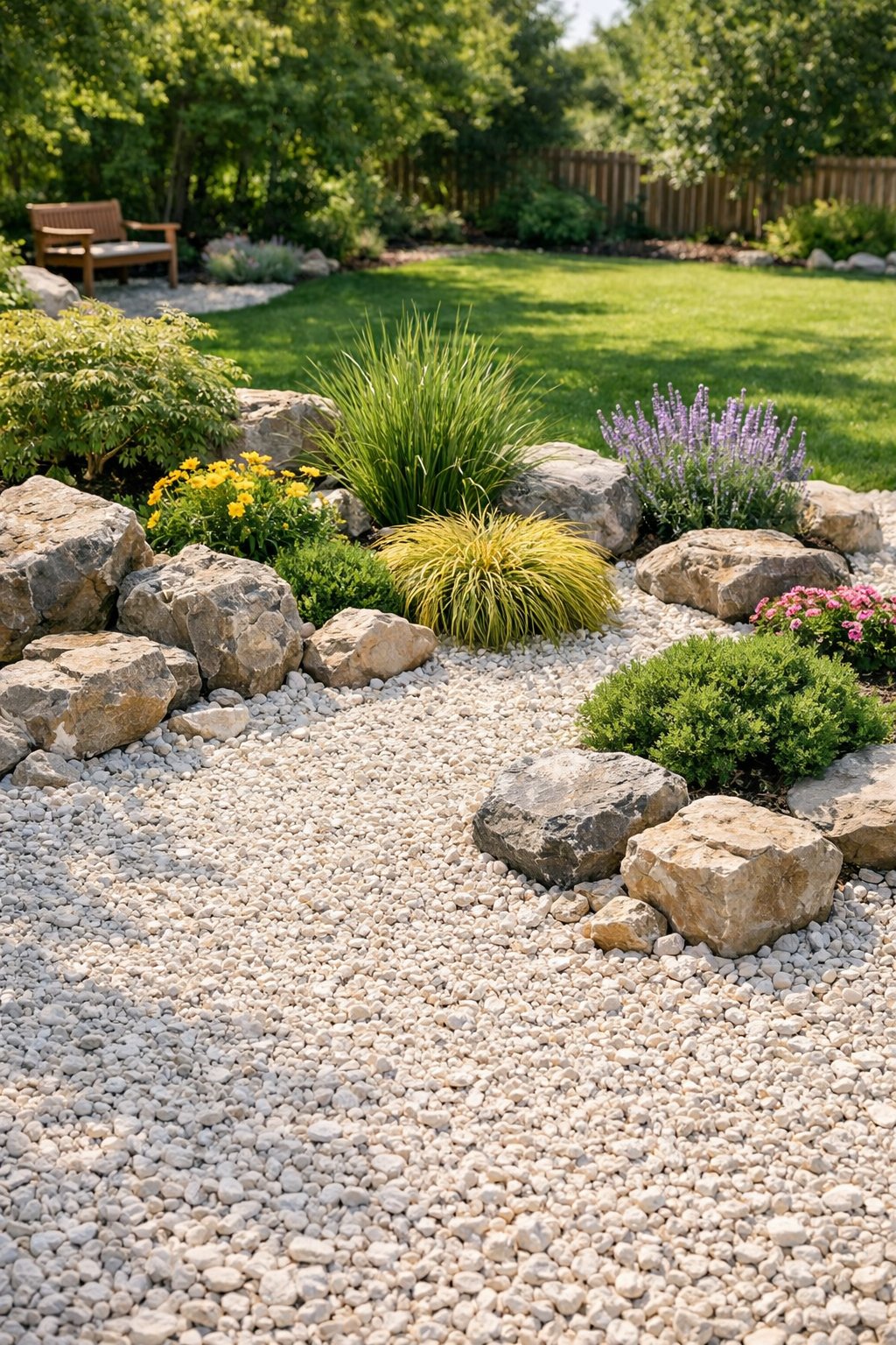 Backyard rock garden with crushed limestone ground cover, rocks, and green plants.