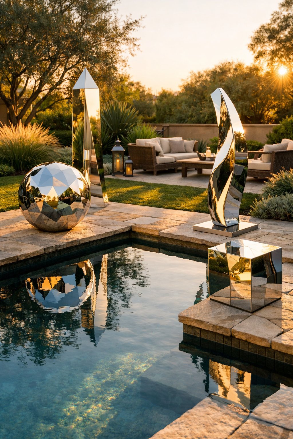 Backyard pool area with mirrored sculptures reflecting sunlight, surrounded by plants and stone decking.