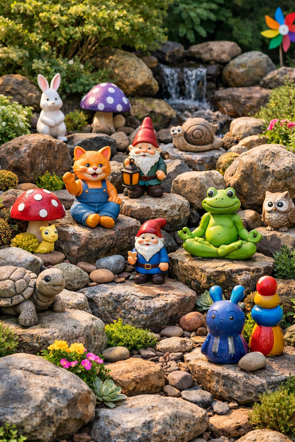 A backyard rock garden with various stones, plants, and playful garden statues placed among the rocks.