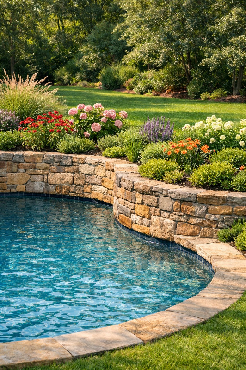 Backyard with a swimming pool bordered by natural stone retaining walls surrounded by green plants and flowers.