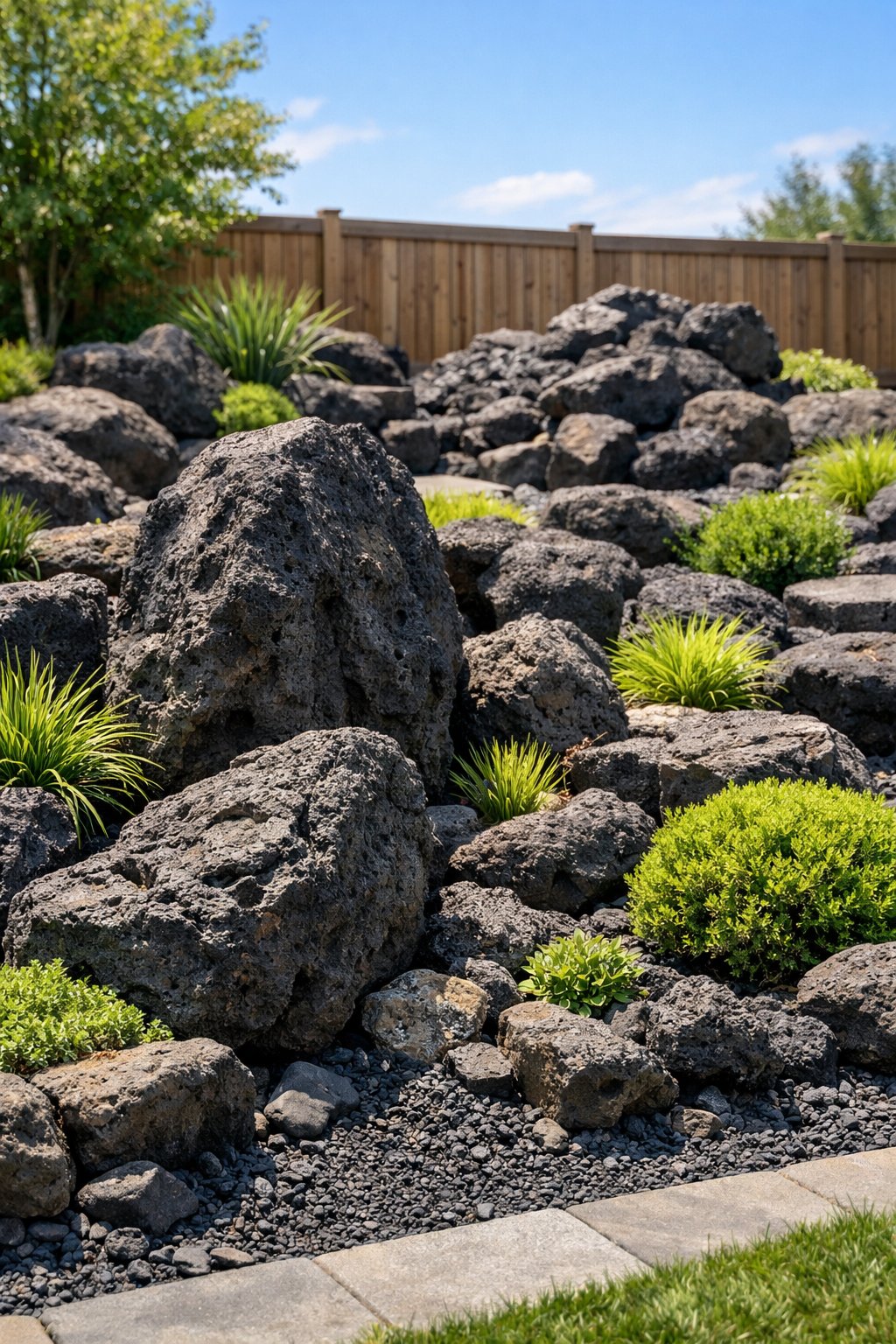 A backyard rock garden with volcanic rocks surrounded by green plants and small shrubs under a clear sky.