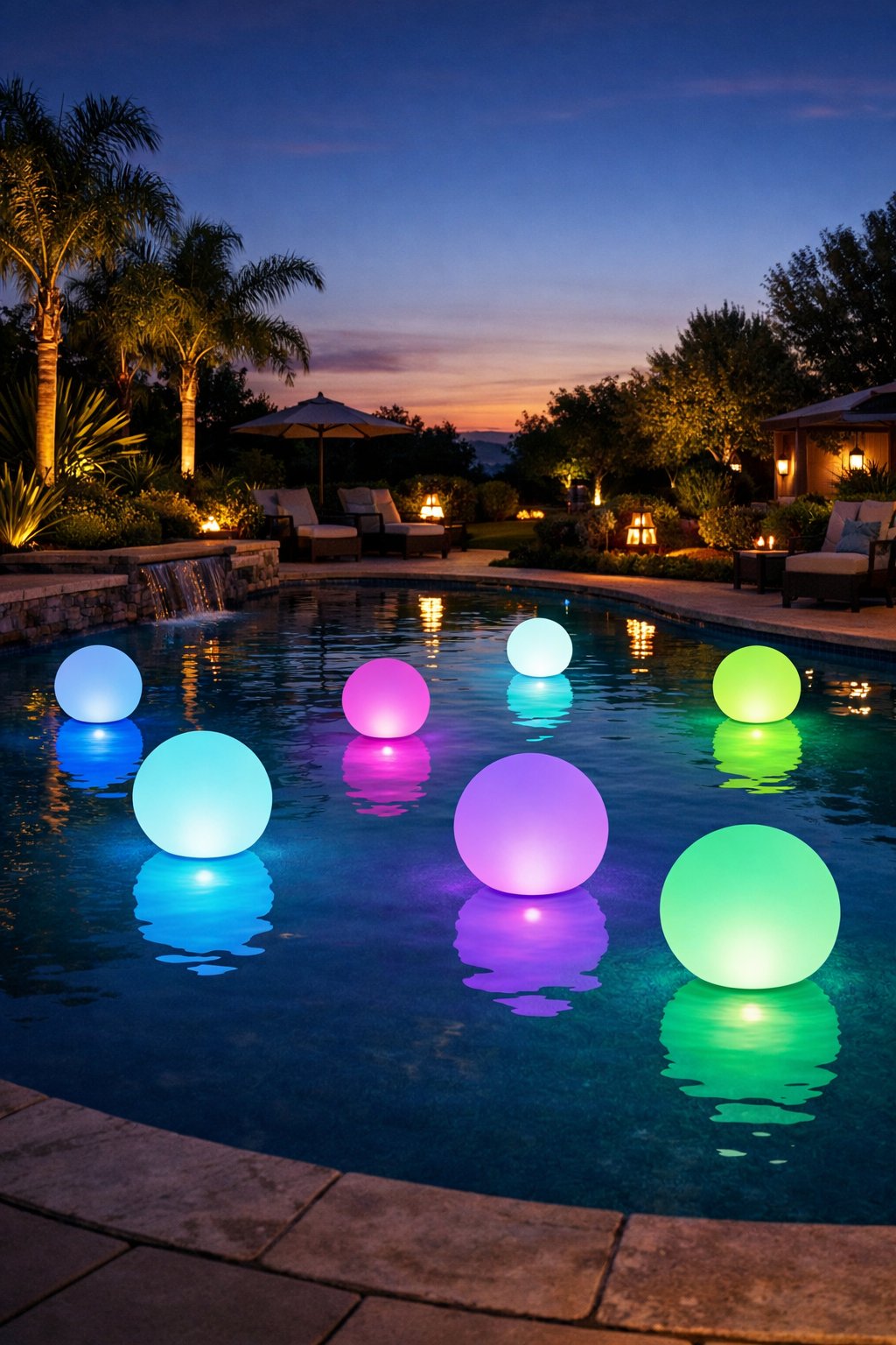 Backyard pool at dusk with colorful floating LED lights creating a glowing display on the water, surrounded by plants and garden lighting.