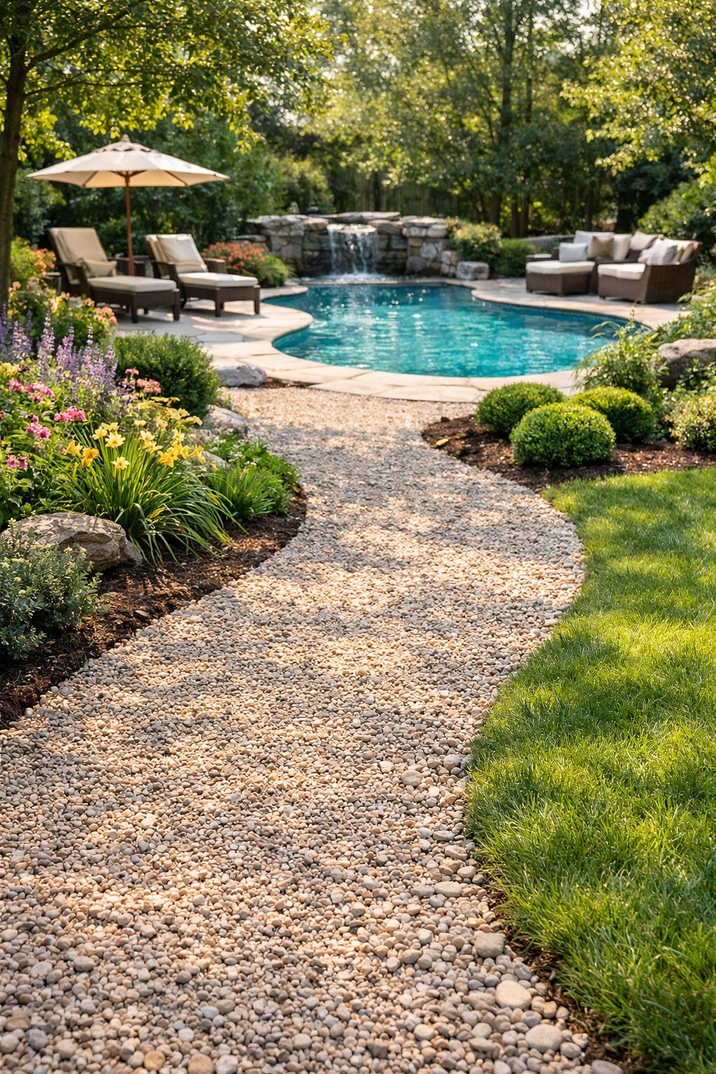 A backyard with a gravel pathway leading past plants to a swimming pool surrounded by landscaping.
