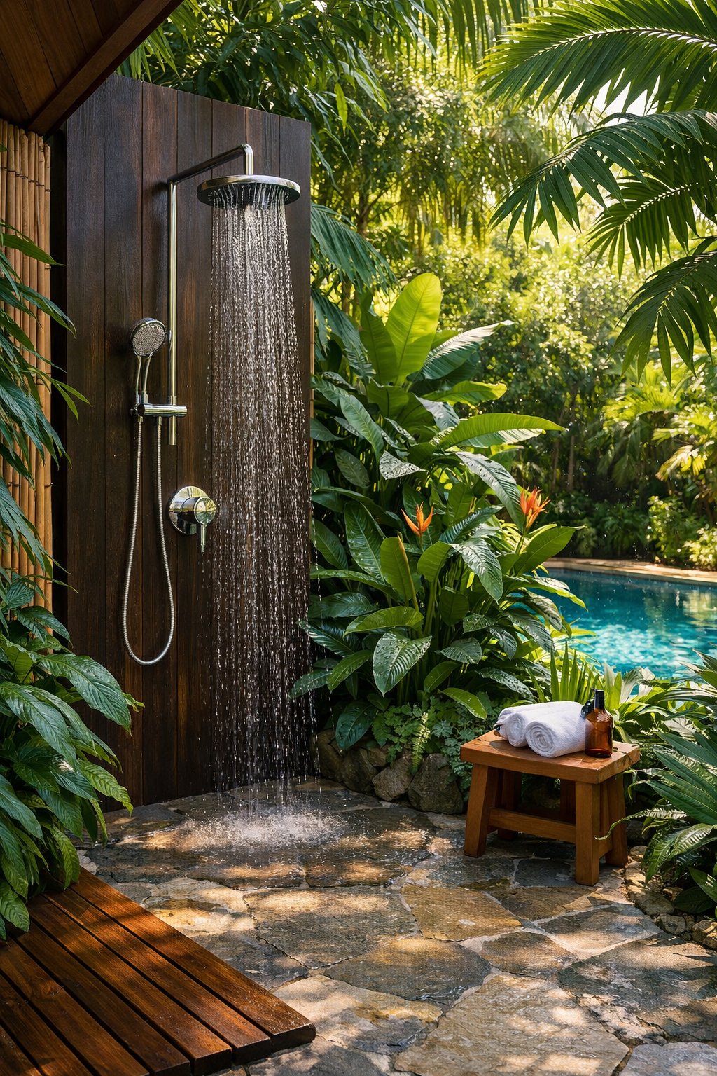 An outdoor shower surrounded by lush green plants and trees with water flowing, set in a backyard with a pool visible in the background.