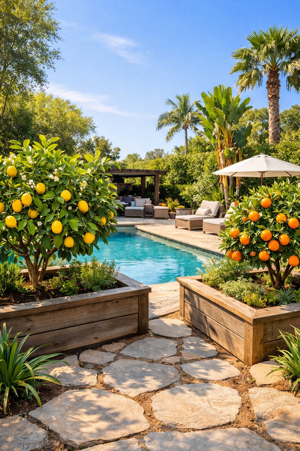 Backyard with raised planter beds containing citrus trees next to a swimming pool surrounded by greenery and outdoor seating.