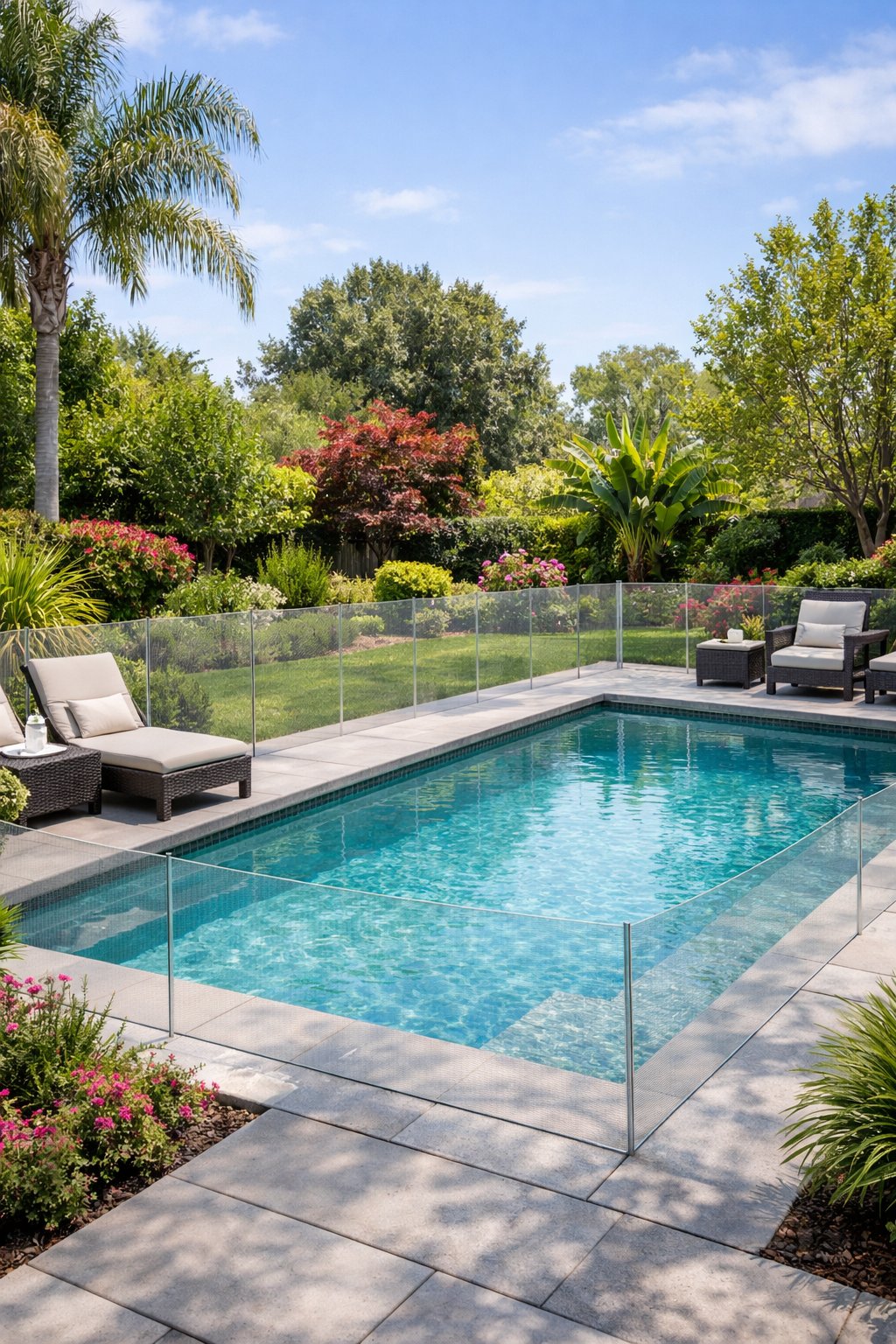 Backyard swimming pool surrounded by lush plants and an invisible safety fence with outdoor lounge chairs nearby.