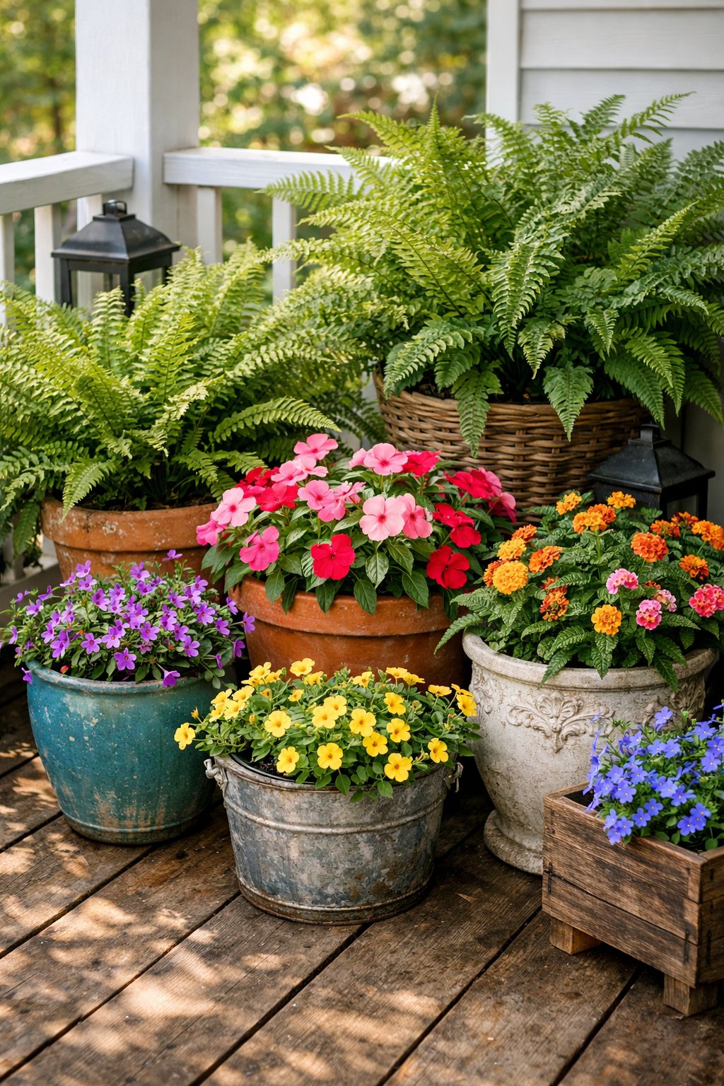 A porch corner with a variety of ferns and flowering plants in different mismatched pots arranged together.