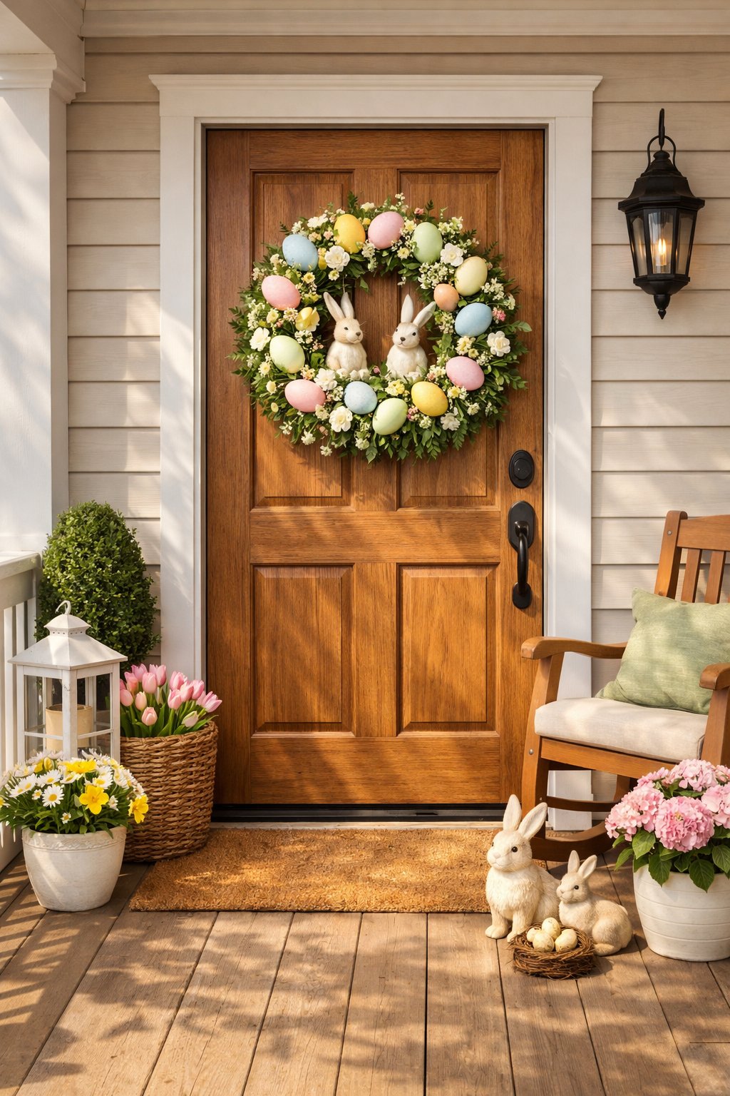 A front porch with a wooden door decorated with a colorful Easter wreath featuring pastel eggs and small bunny figurines.