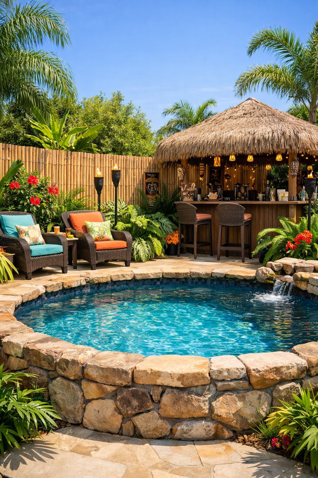 Backyard with a semi inground pool surrounded by bamboo fencing, tropical plants, and outdoor seating under a tiki hut.