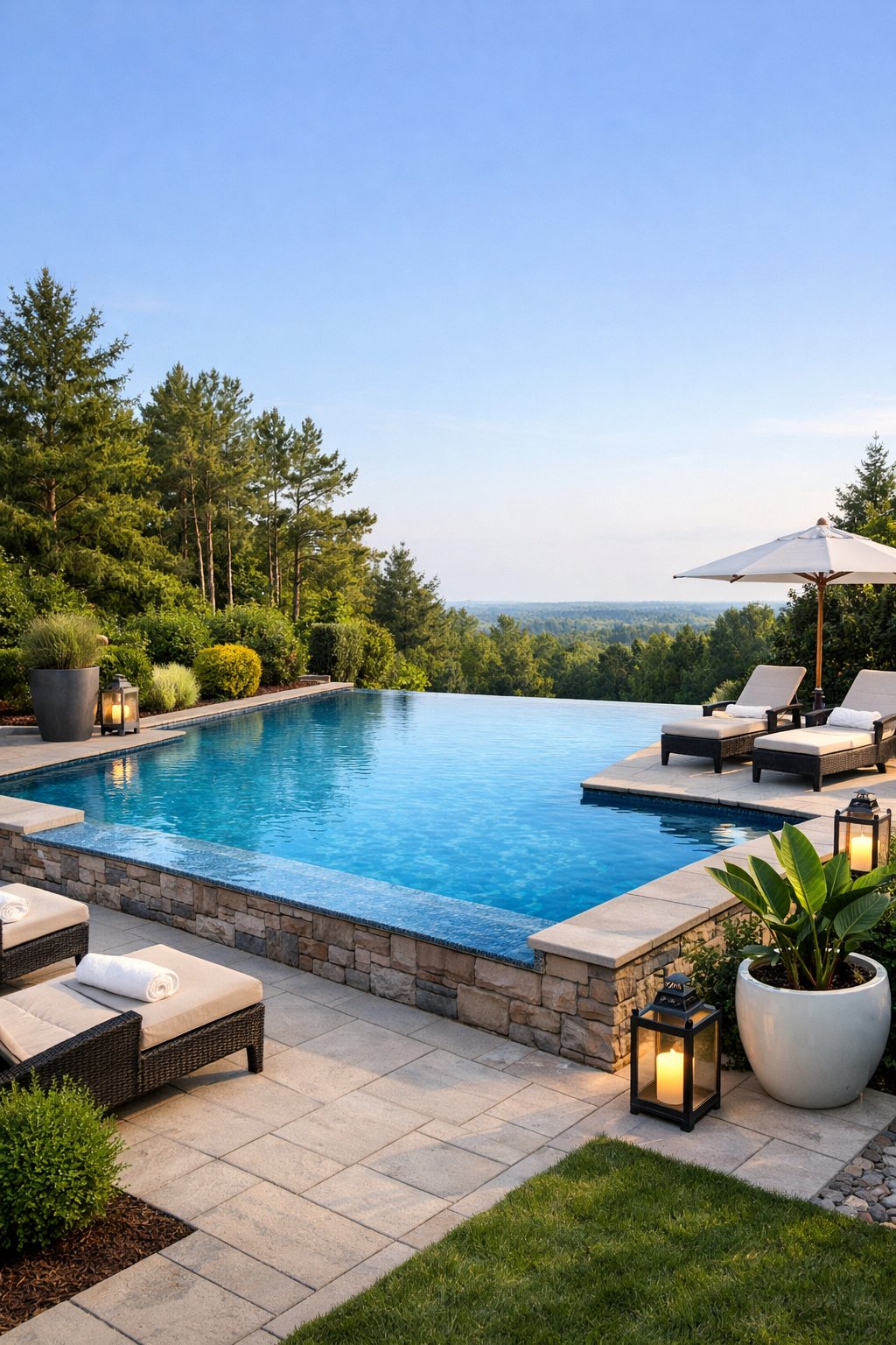 A backyard with a semi inground infinity edge pool surrounded by lounge chairs, plants, and trees under a clear sky.