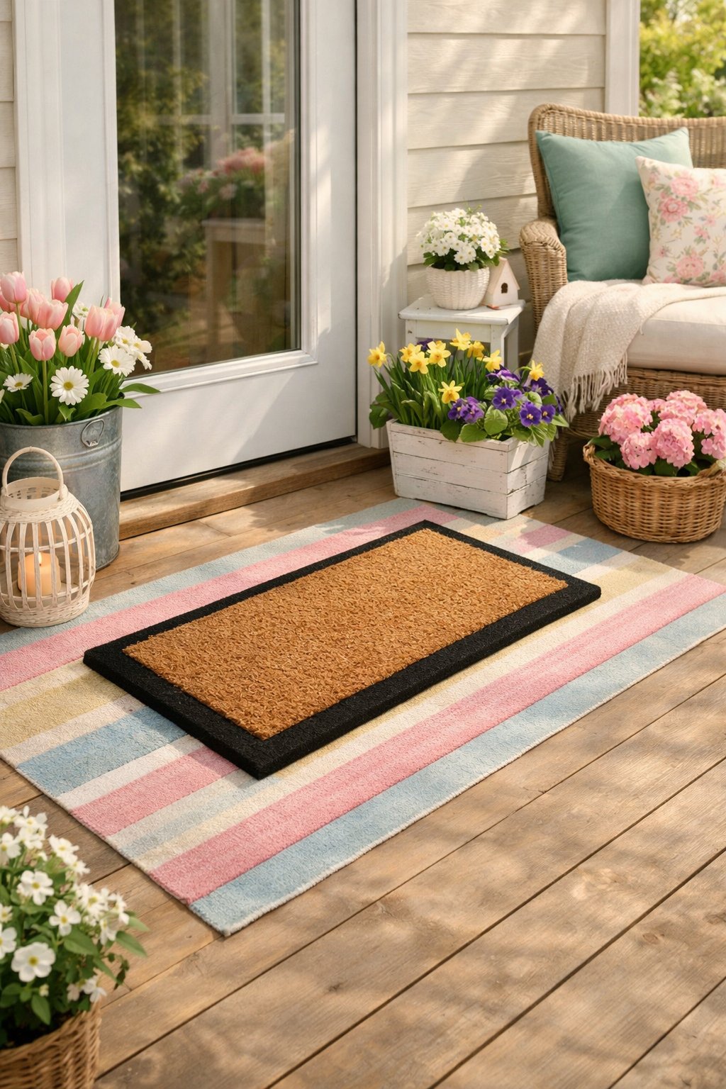 A spring porch with a doormat layered over a pastel runner, surrounded by potted flowers and a cozy seating area.
