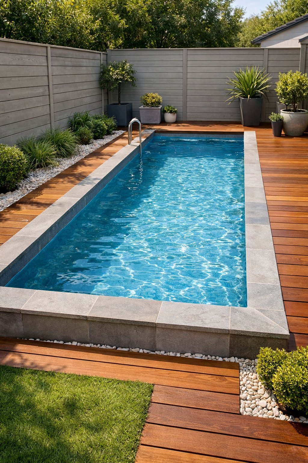 A small backyard with a narrow rectangular lap pool surrounded by a wooden deck and green plants.