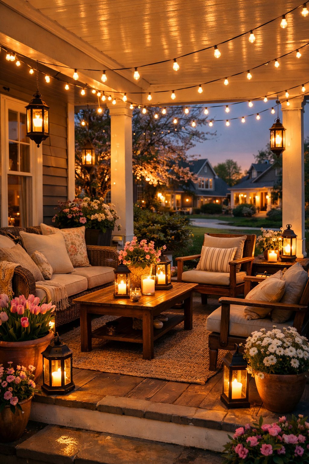 A cozy porch decorated with warm white fairy lights and vintage lanterns glowing softly at dusk, with seating and spring flowers.