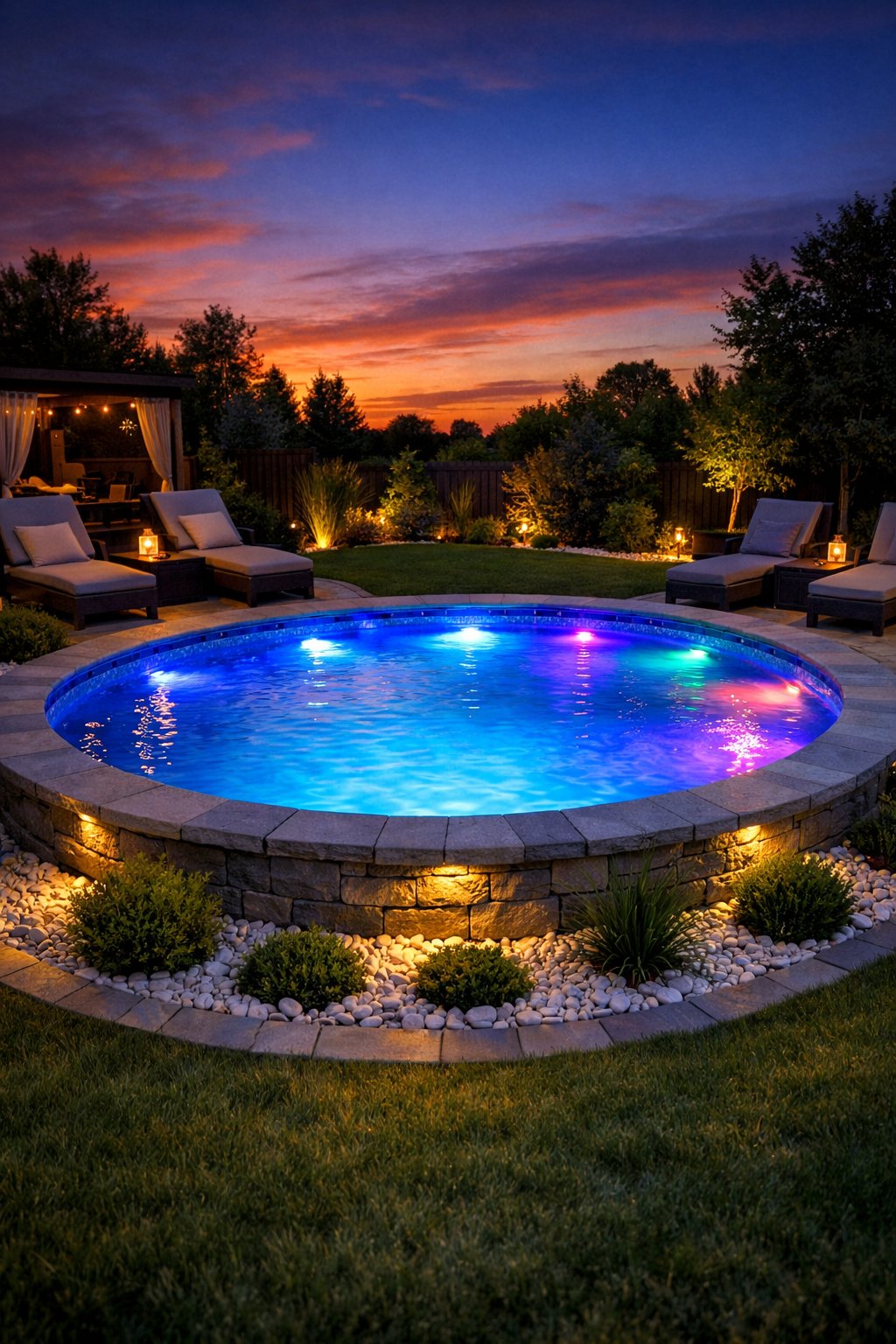 A backyard semi inground swimming pool lit by built-in LED lights glowing at dusk, surrounded by landscaping and outdoor furniture.