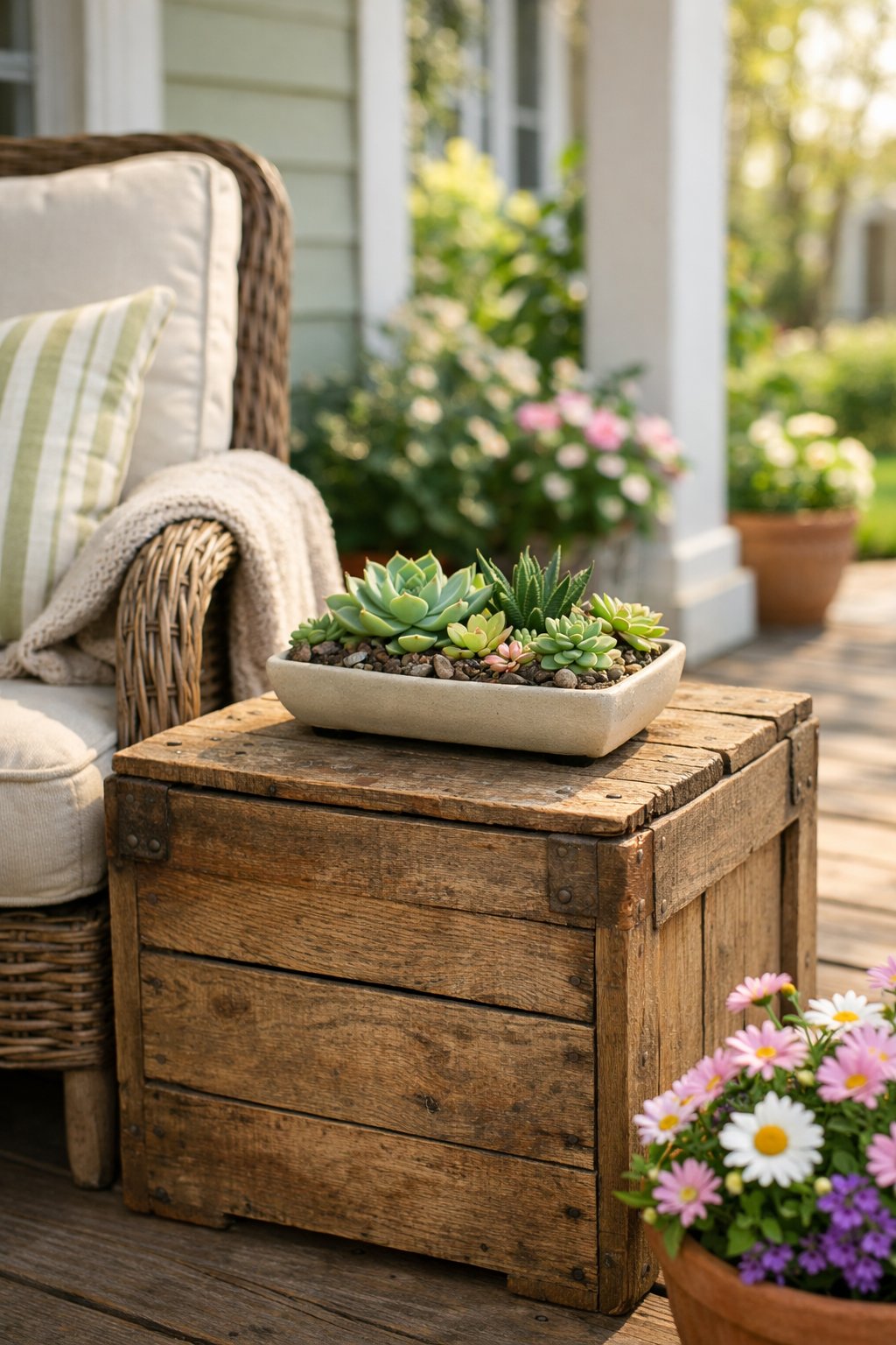 A weathered wooden crate used as a side table holding a small succulent garden on a spring porch.